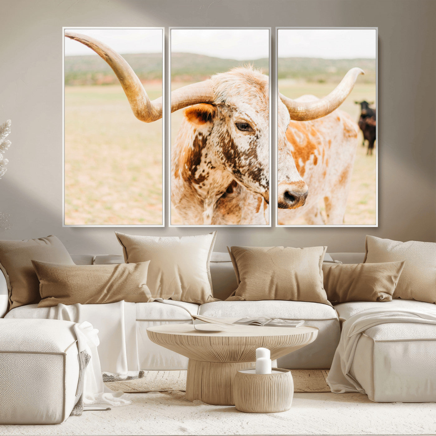 MGV-FC-48X32-3P - Texas Longhorn Wall Art Canvas Print, Framed Spotted Cow Art Picture Print, Horned Cattle Perfect Rustic Western Decor Artwork