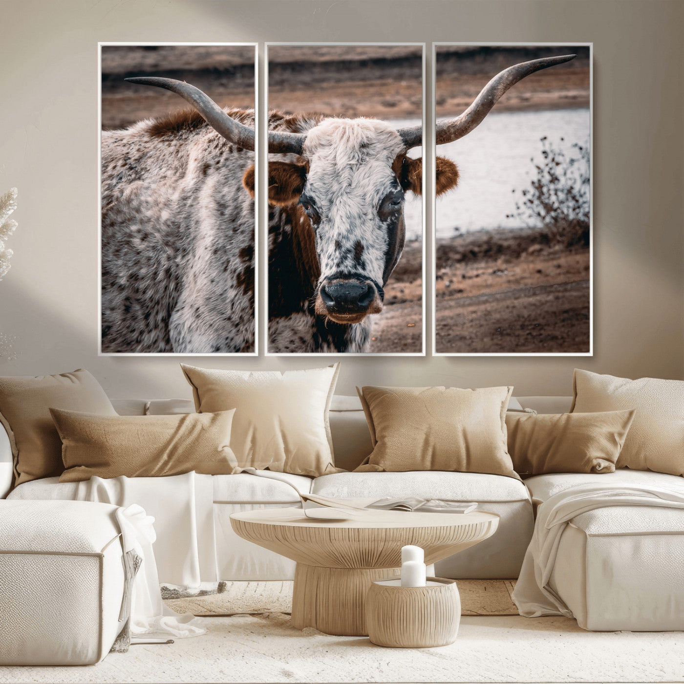 MGV-FC-48X32-3P - Texas Longhorn Wall Art Canvas Print, Framed Spotted Cow Art Picture Print, Horned Cattle Perfect Rustic Western Decor Artwork