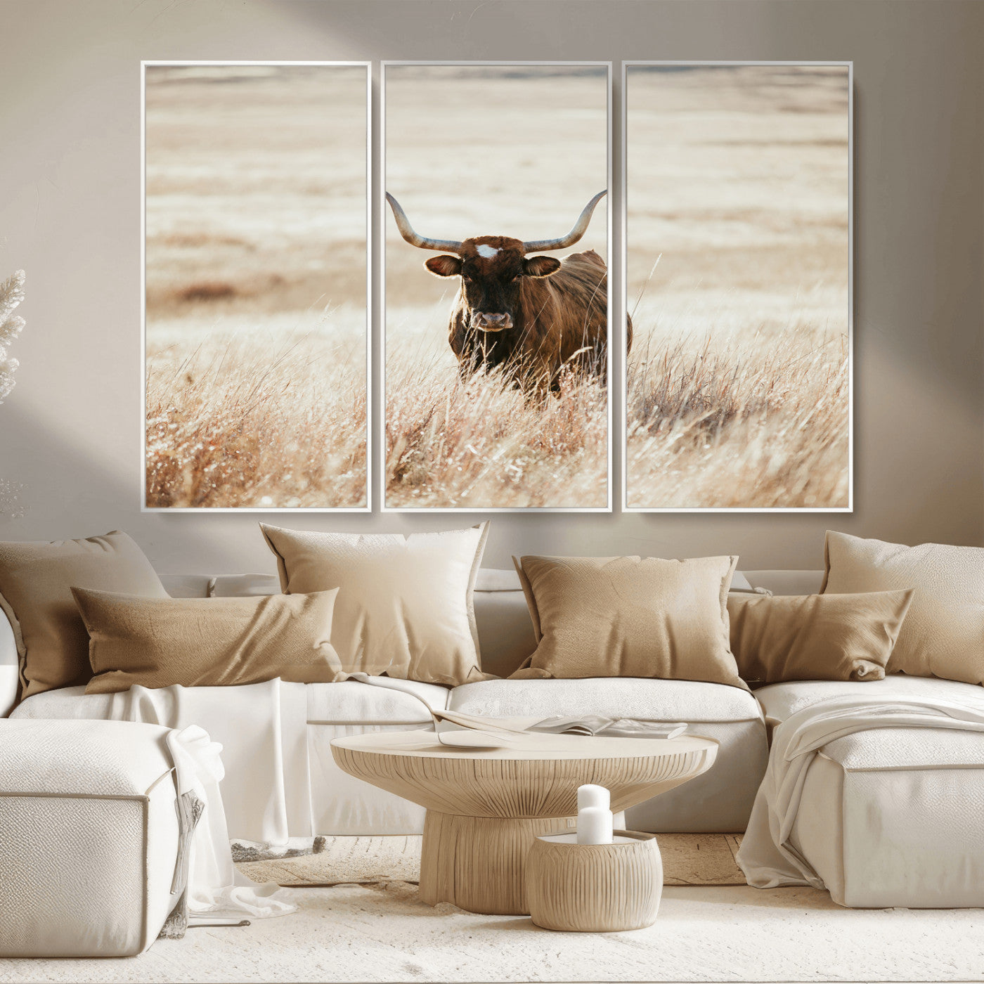 MGV-FC-48X32-3P - Texas Longhorn Wall Art Canvas Print, Framed Brown Cattle Art Picture Print, Horned Bull Perfect Rustic Western Decor Artwork