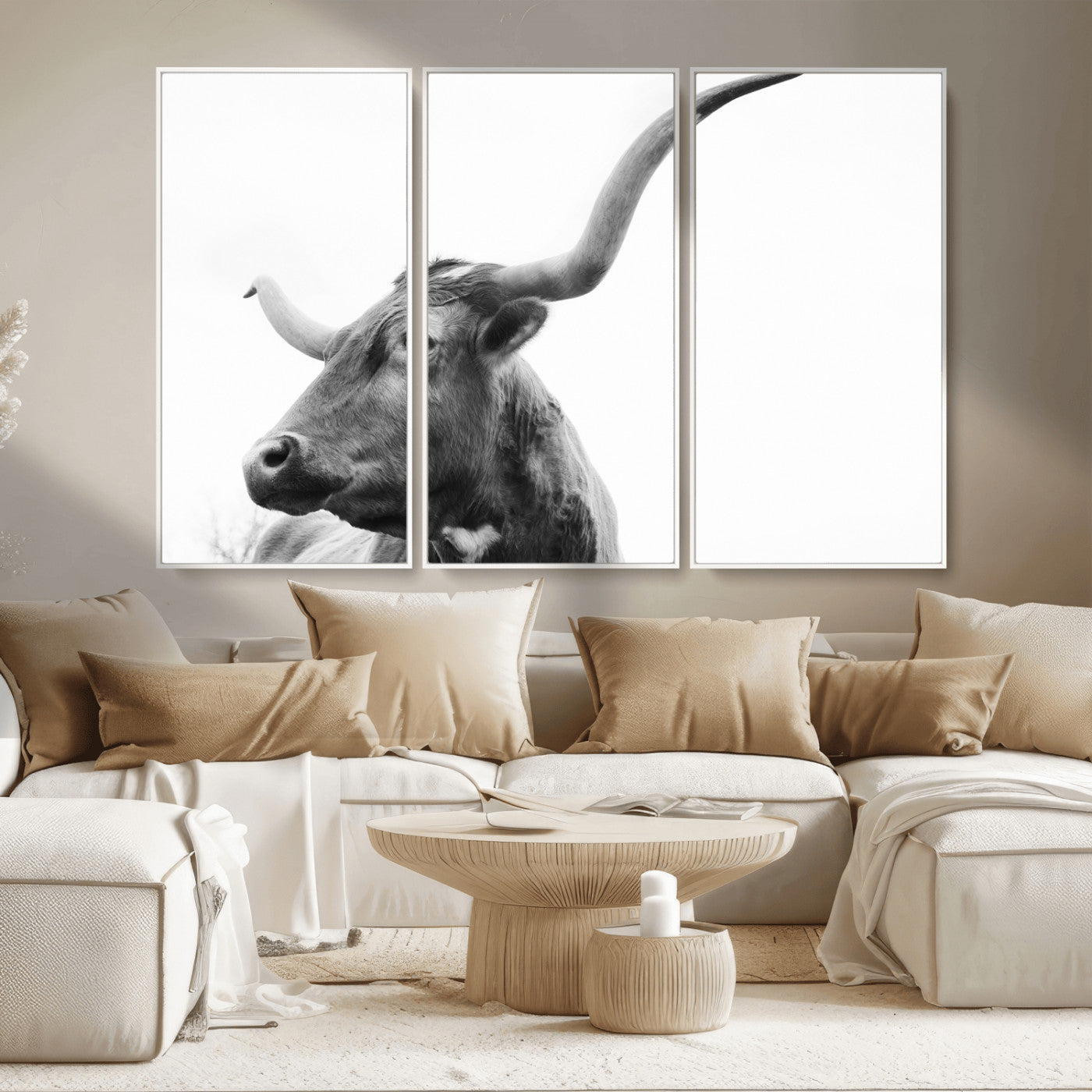 MGV-FC-48X32-3P - Longhorn Wall Art Wall Art Canvas Print, Framed Modern Ranch Style Art Art Picture Print, Monochrome Cow Print Perfect Rustic Western Decor Artwork