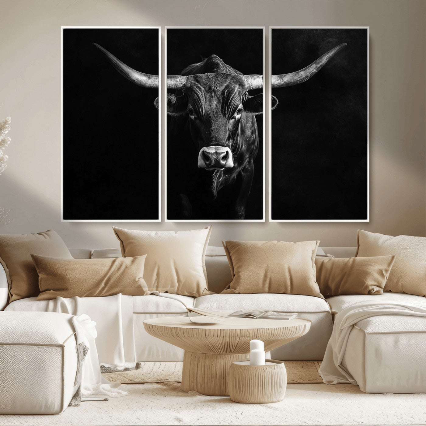 MGV-FC-48X32-3P - Texas Longhorn Wall Art Canvas Print, Framed Monochrome Bull Art Picture Print, Horned Bull Perfect Rustic Western Decor Artwork