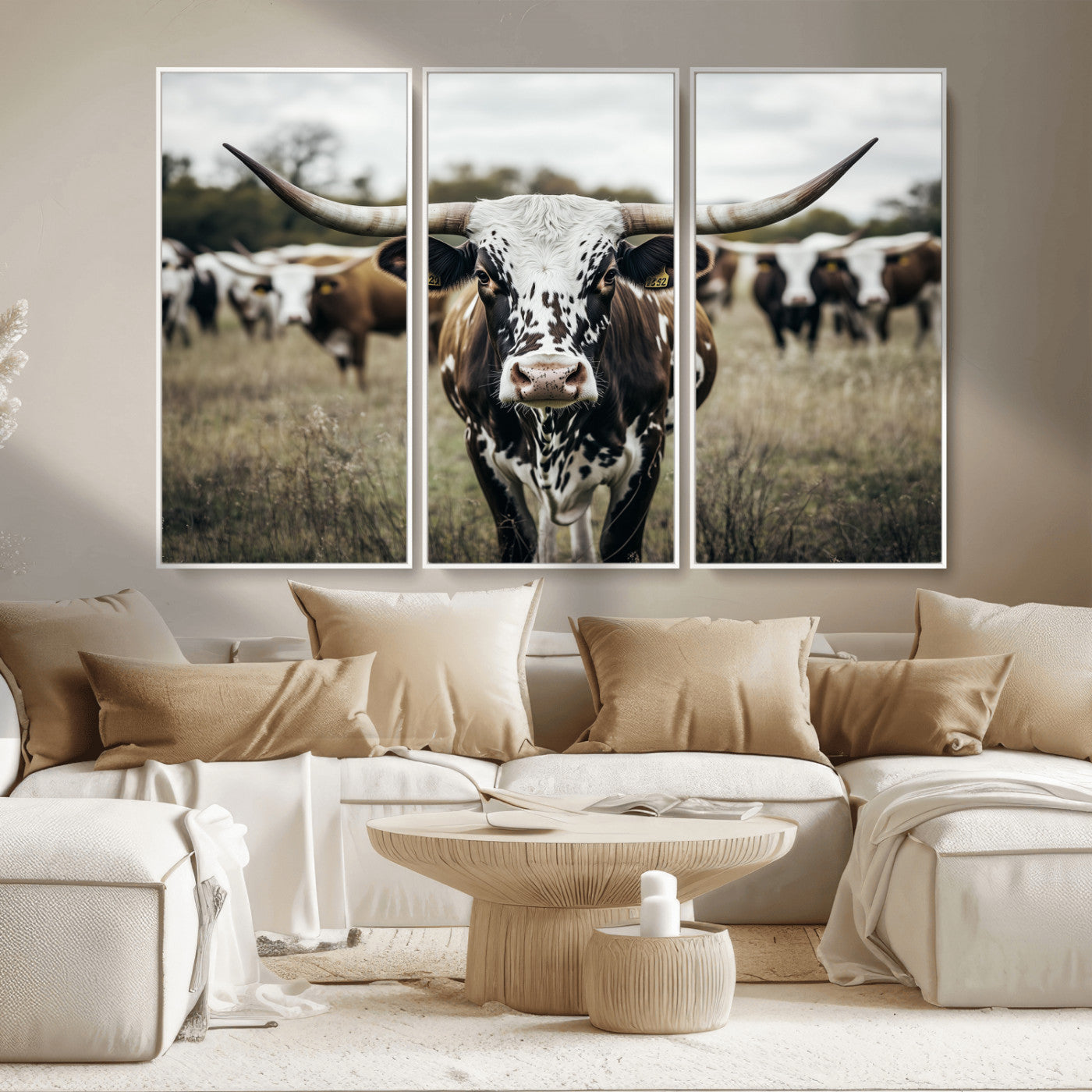 MGV-FC-48X32-3P - Majestic Longhorn Cow Wall Art – Canvas Print of Intricate Fur & Sharp Horns Earthy Tones Serene Landscape, Rustic Charm Decor for Living Room, Office or Bedroom