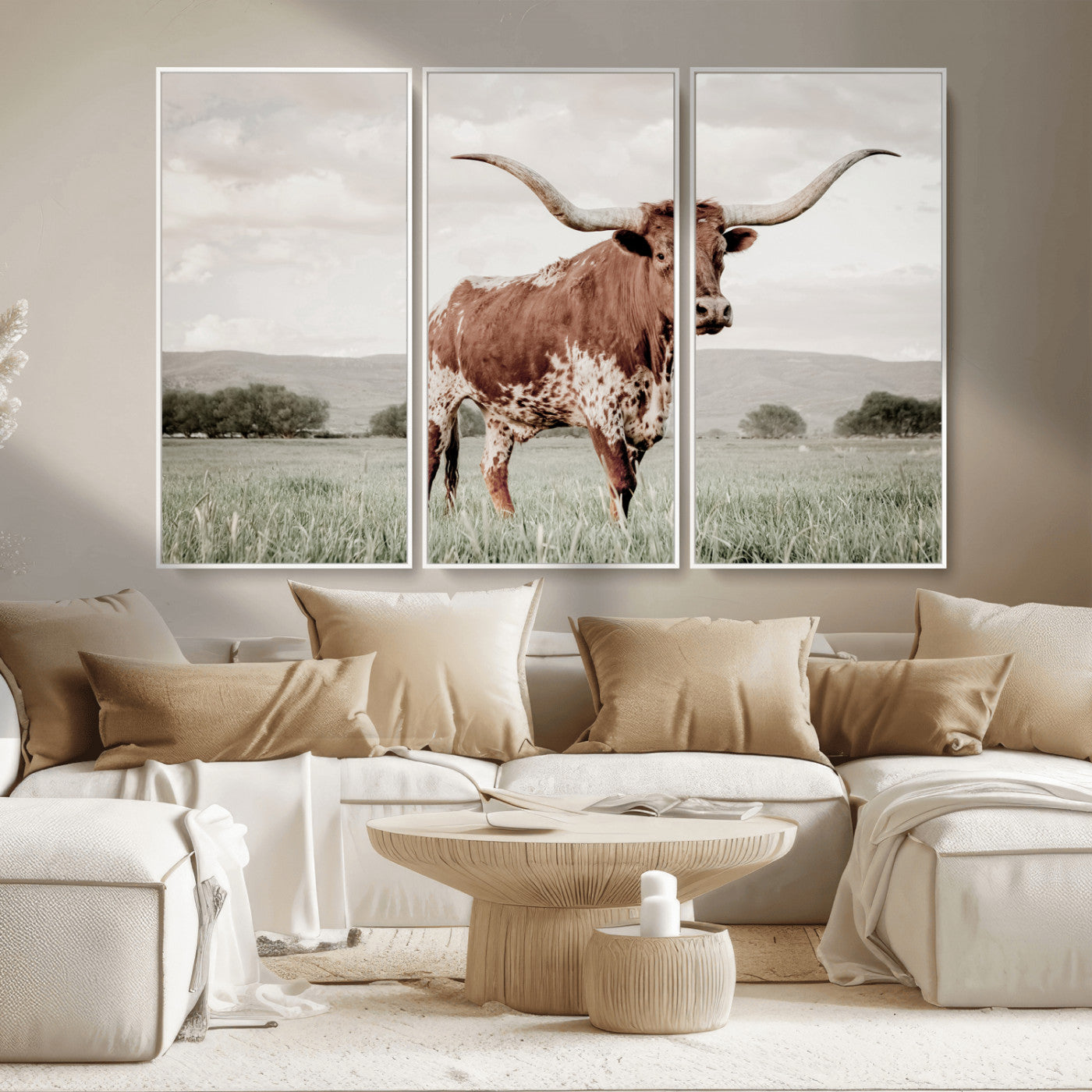 MGV-FC-48X32-3P - Texas Longhorn Wall Art Canvas Print, Framed Spotted Cattle Art Picture Print, Horned Bull Perfect Rustic Western Decor Artwork