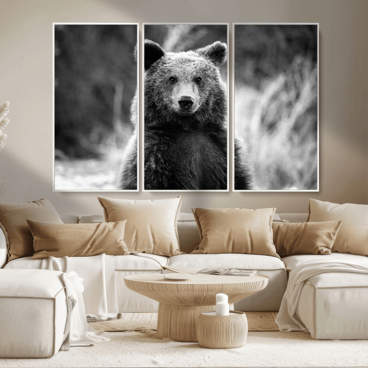 MGV-FC-48X32-3P - Grizzly Bear Wall Art Canvas Print, Framed Black White Bear Art Picture Print, Wild Bear Perfect Rustic Wildlife Decor Artwork