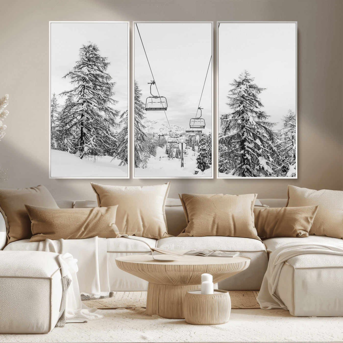 MGV-FC-48X32-3P - Wall Art Canvas Print Winter Chairlift Views Silent Snow-Covered Pines Mountain Calm Serenity Frozen