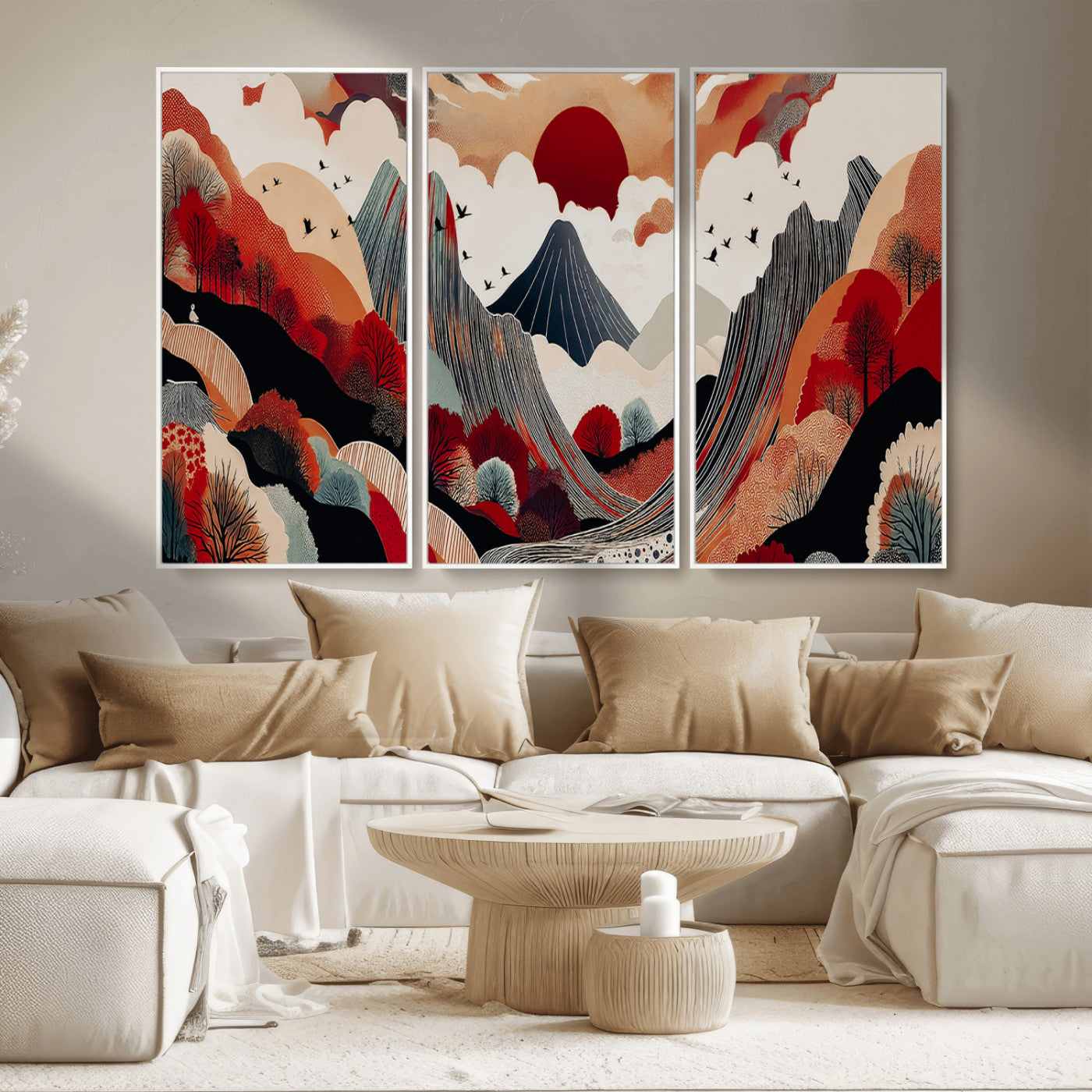 MGV-FC-48X32-3P - Abstract Mountain Wall Art Canvas Print, Framed Vibrant Landscape Art Picture Print, Stylized Nature Drawing Perfect Contemporary Minimalist Decor Artwork