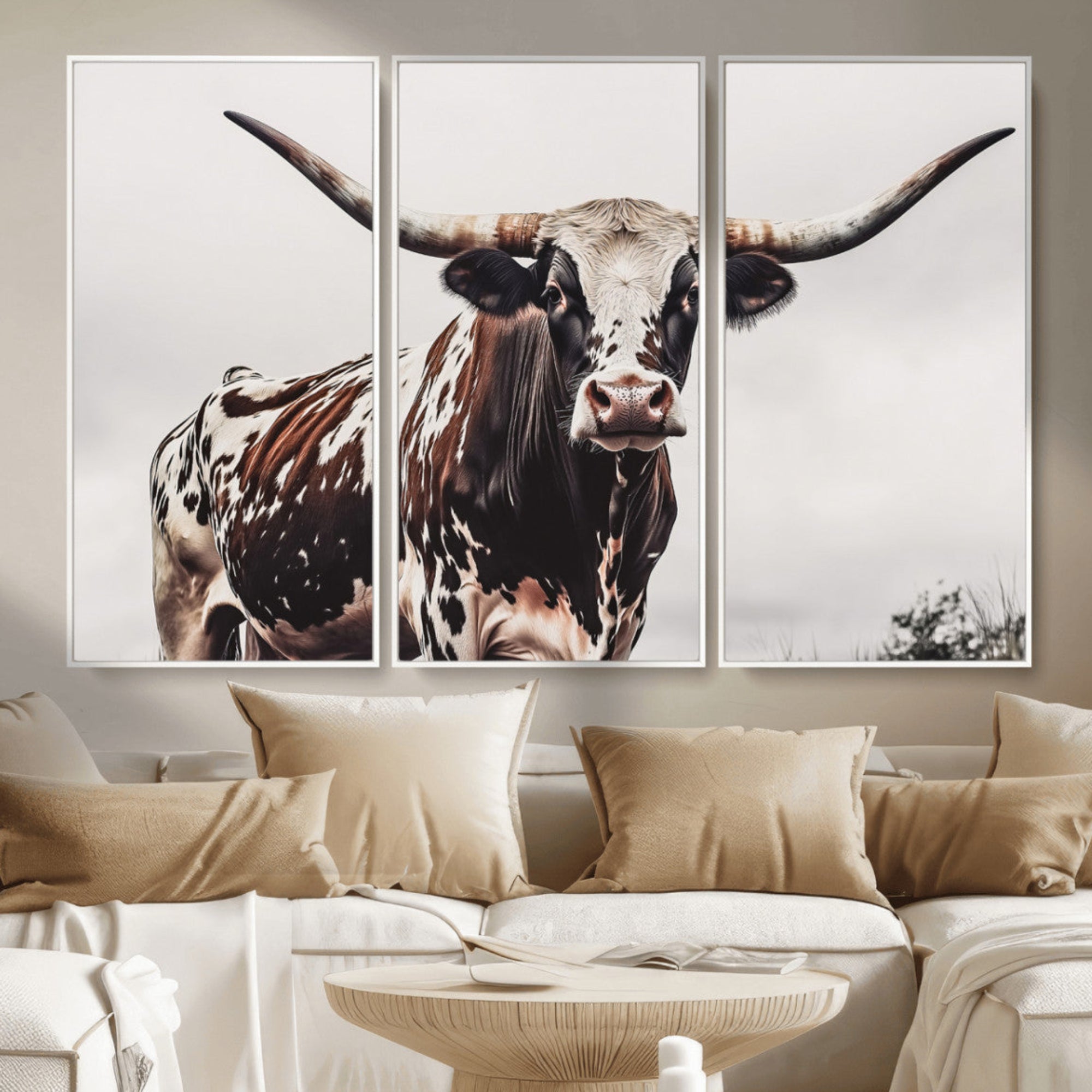 Close-up of a Texas Longhorn bull with powerful horns, perfect for rustic farmhouse or country-themed home decor. Ideal for animal lovers.