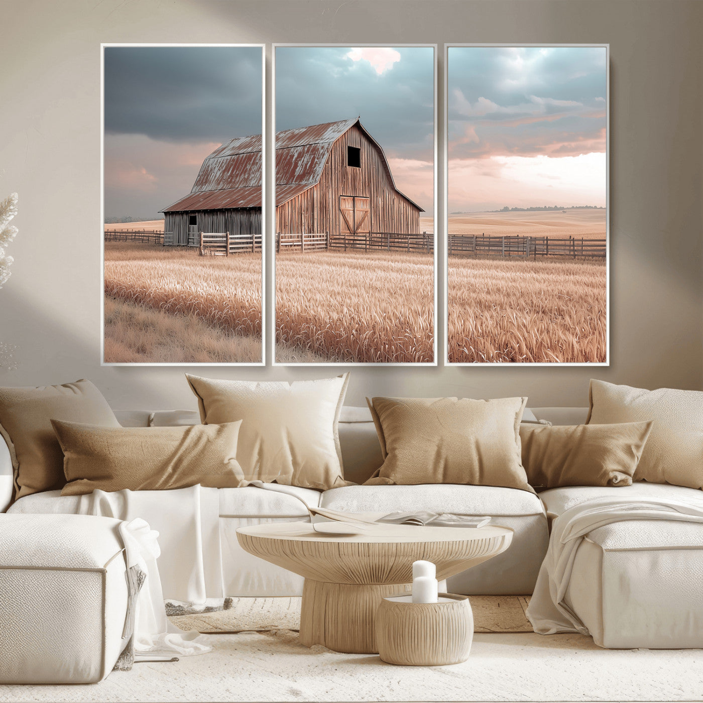 MGV-FC-48X32-3P - Rustic Barn Wall Art Canvas Print, Framed Wheat Field Art Picture Print, Sunset Barn Perfect Vintage Farmhouse Decor Artwork