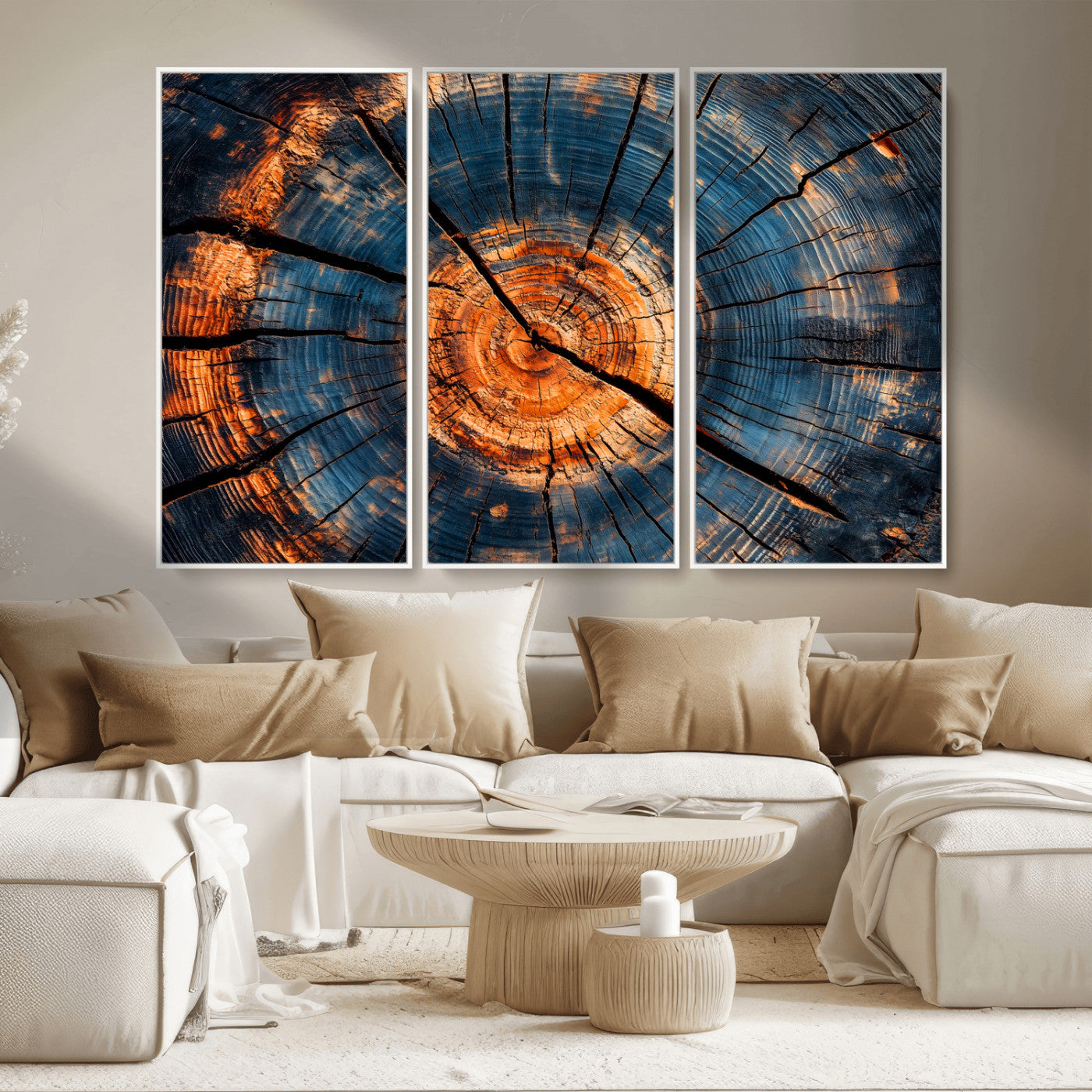 MGV-FC-48X32-3P - Burnt Wood Wall Art Canvas Print, Framed Aged Timber Art Picture Print, Rustic Tree Slice Perfect Rustic Decor Artwork