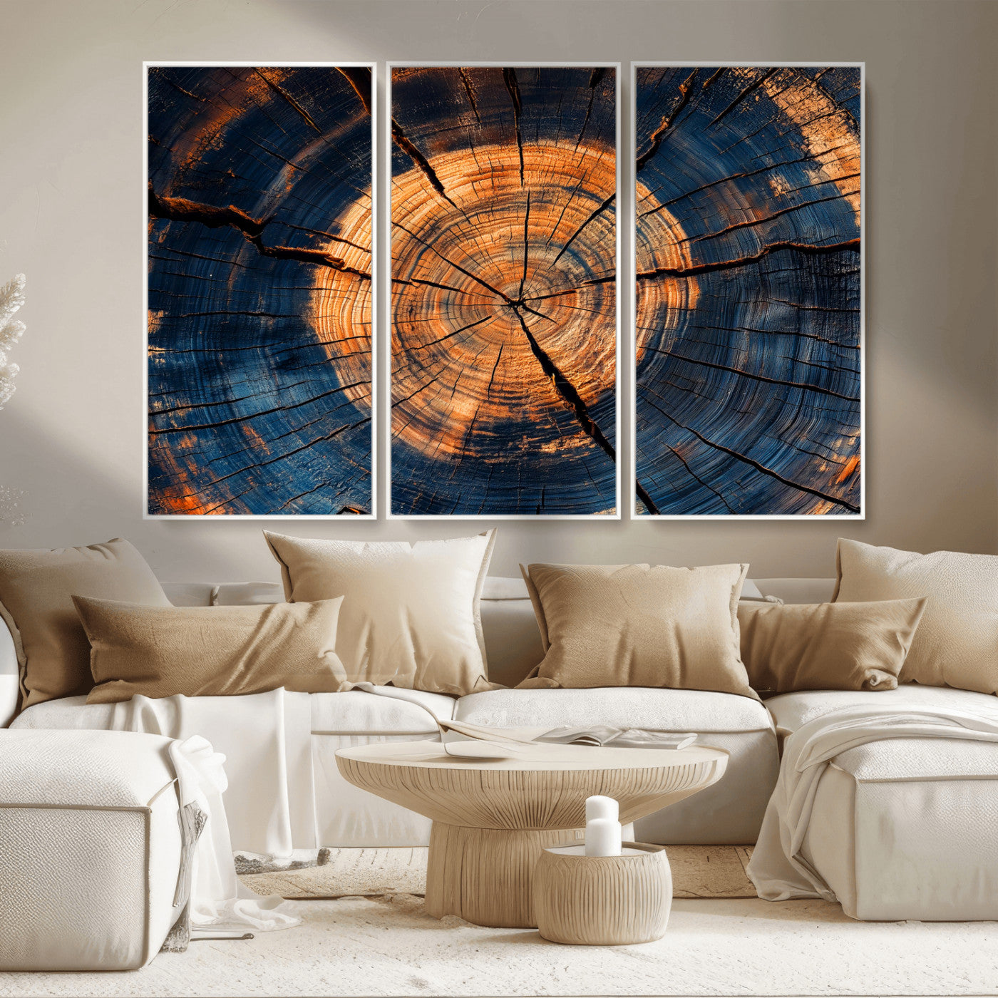 MGV-FC-48X32-3P - Burnt Wood Wall Art Canvas Print, Framed Aged Timber Art Picture Print, Rustic Tree Slice Perfect Rustic Decor Artwork