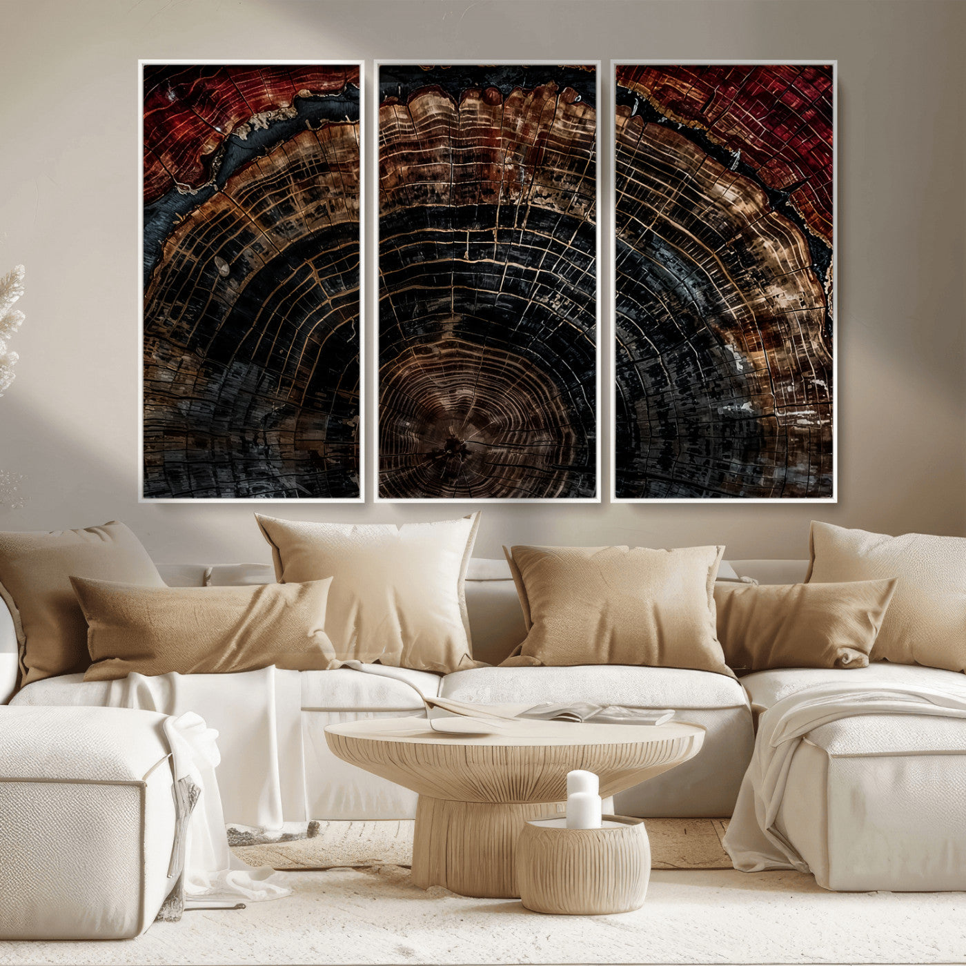 MGV-FC-48X32-3P - Dark Wood Ring Wall Art Canvas Print, Framed Abstract Wood Tree Art Picture Print, Rustic Tree Slice Perfect Rustic Decor Artwork