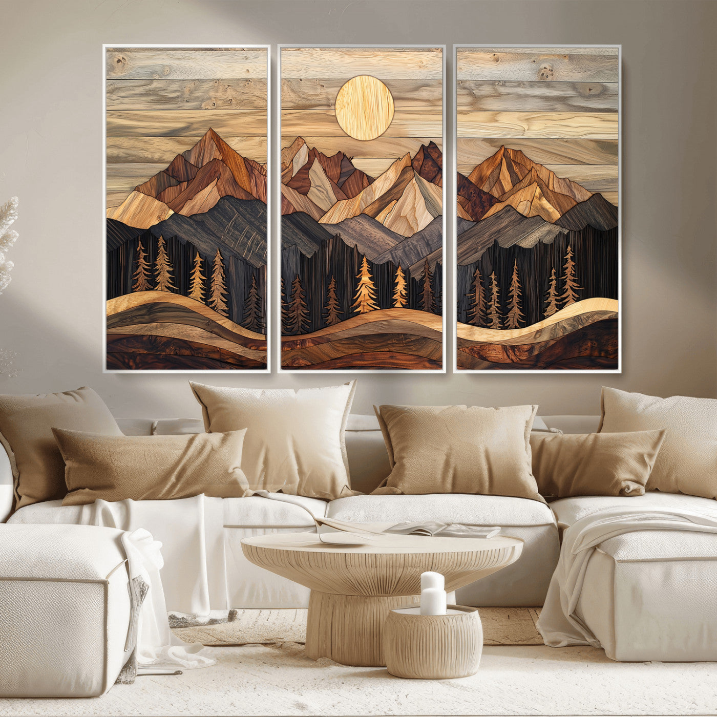 MGV-FC-48X32-3P - Wood Mountain Wall Art Canvas Print, Framed Boho Wood Art Picture Print, Abstract Woodland Perfect Farmhouse Decor Artwork