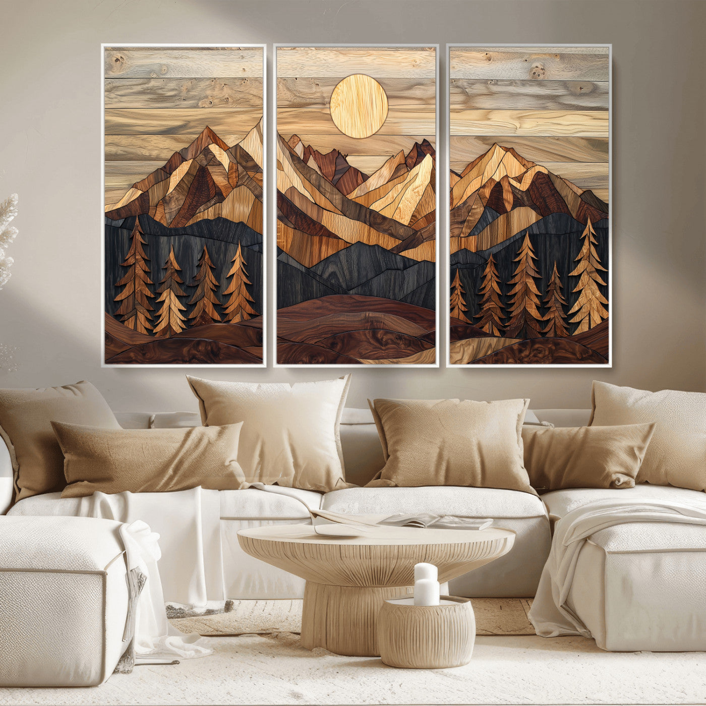 MGV-FC-48X32-3P - Wood Mountain Landscape Wall Art Canvas Print, Framed Sunset Hills Art Picture Print, Abstract Nature Perfect Boho Decor Artwork