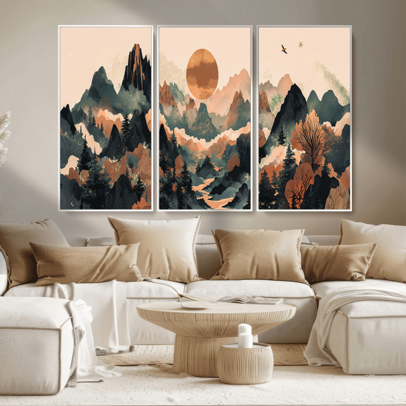 MGV-FC-48X32-3P - Wood Mountain Landscape Wall Art Canvas Print, Framed Sunset Hills Art Picture Print, Abstract Nature Perfect Boho Decor Artwork