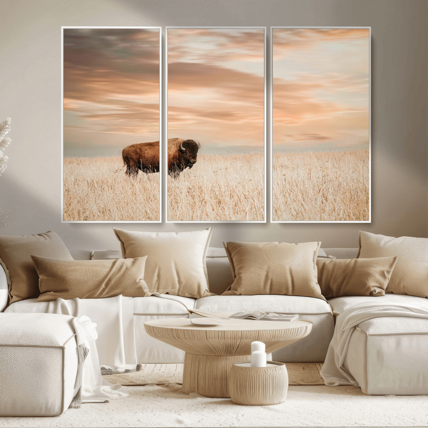 MGV-FC-48X32-3P - Bison Wall Art Canvas Print, Framed Buffalo Art Picture Print, Western Prairie Perfect Rustic Decor Artwork