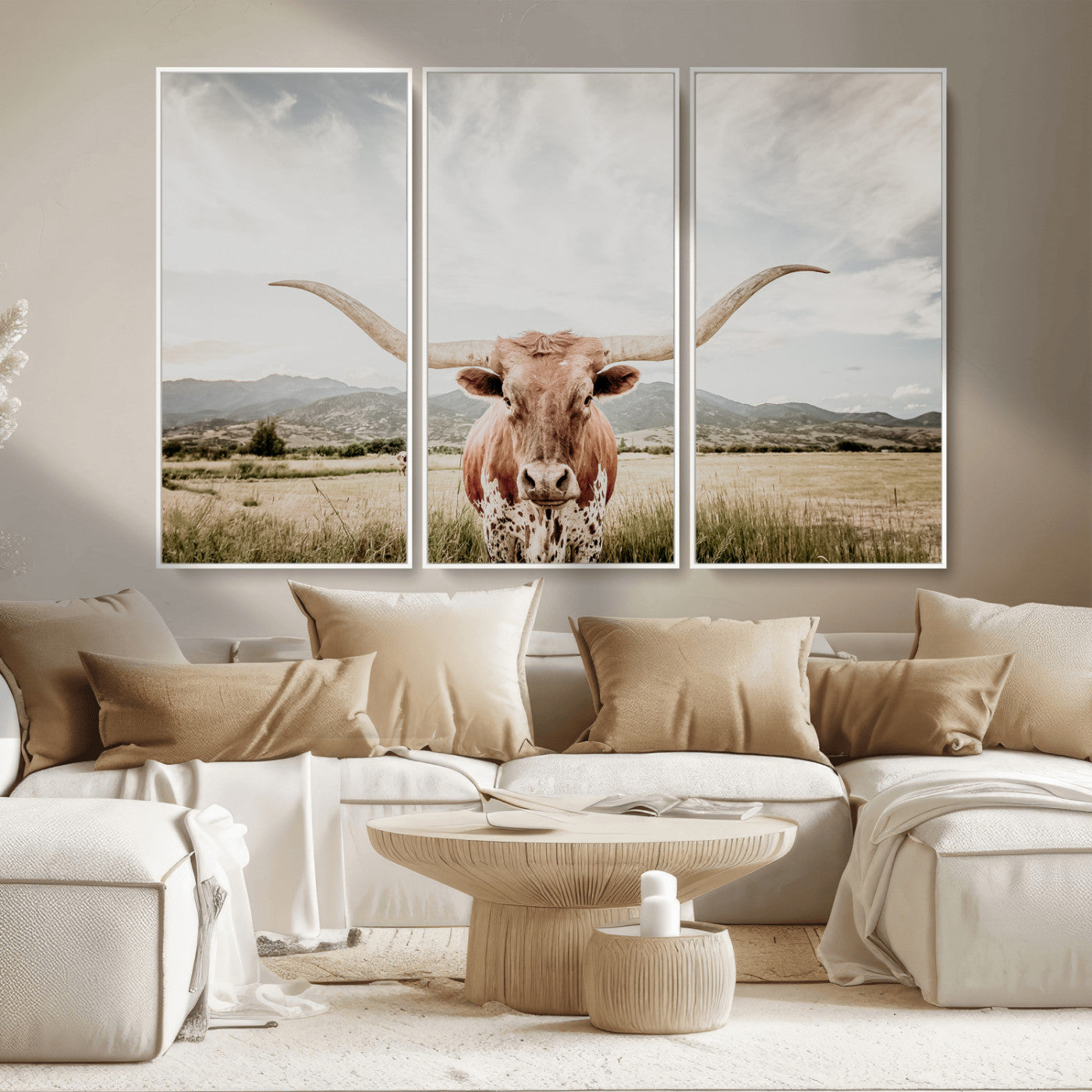 MGV-FC-48X32-3P - Texas Longhorn Wall Art Canvas Print, Framed Western Cow Art Picture Print, Rustic Farmhouse Perfect Farmhouse Decor Artwork