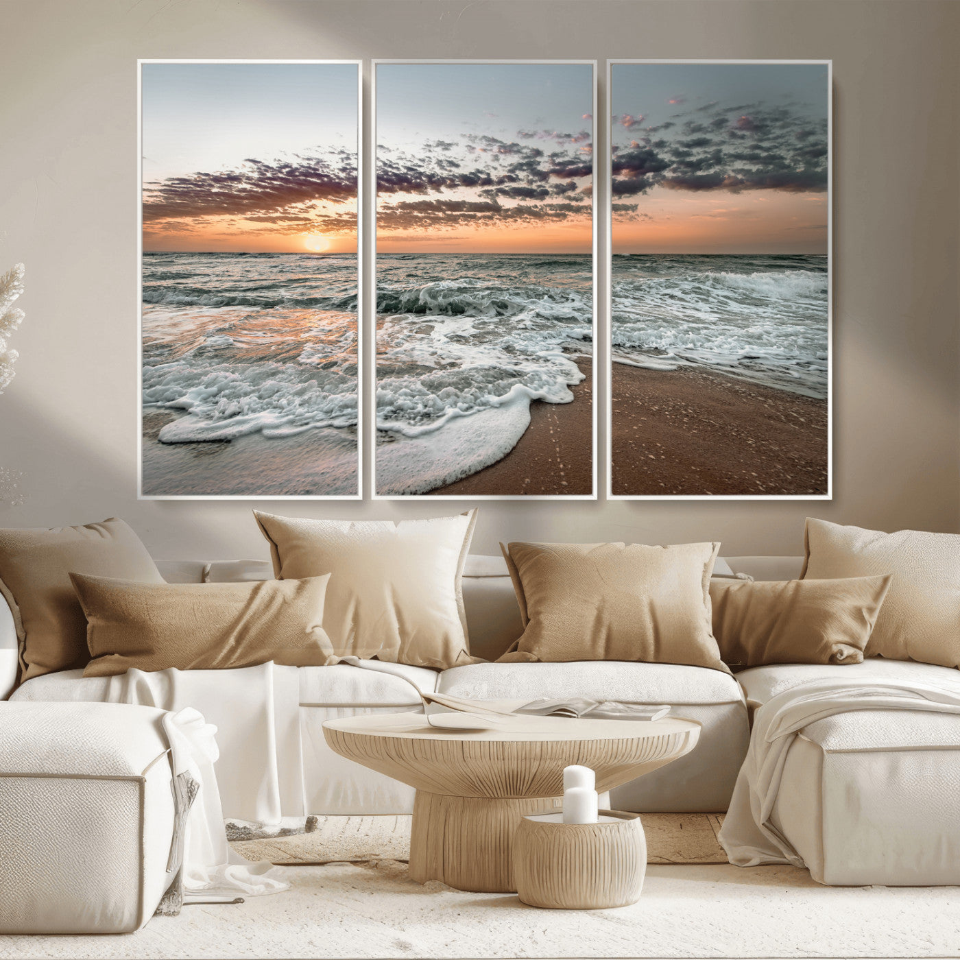 MGV-FC-48X32-3P - Ocean Sunset Wall Art Canvas Print, Framed Beach Waves Art Picture Print, Coastal Scene Perfect Coastal Decor Artwork