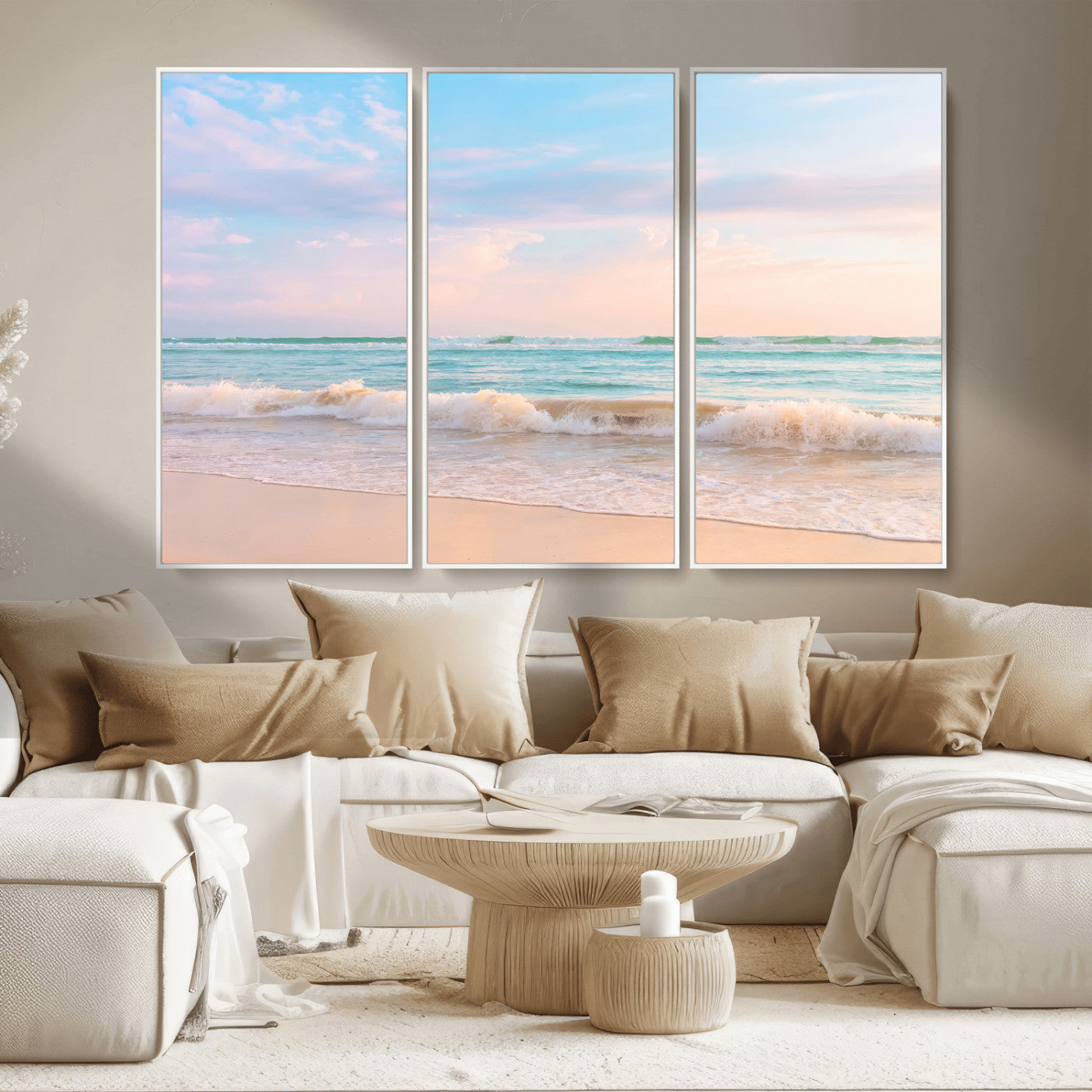 74679437-MGV-CV-36X24 - Serene Waves Wall Art – Golden Shore & Soft Pastel Sky Canvas Print, Gentle Ocean and Peaceful Sunset for Living Room or Office
