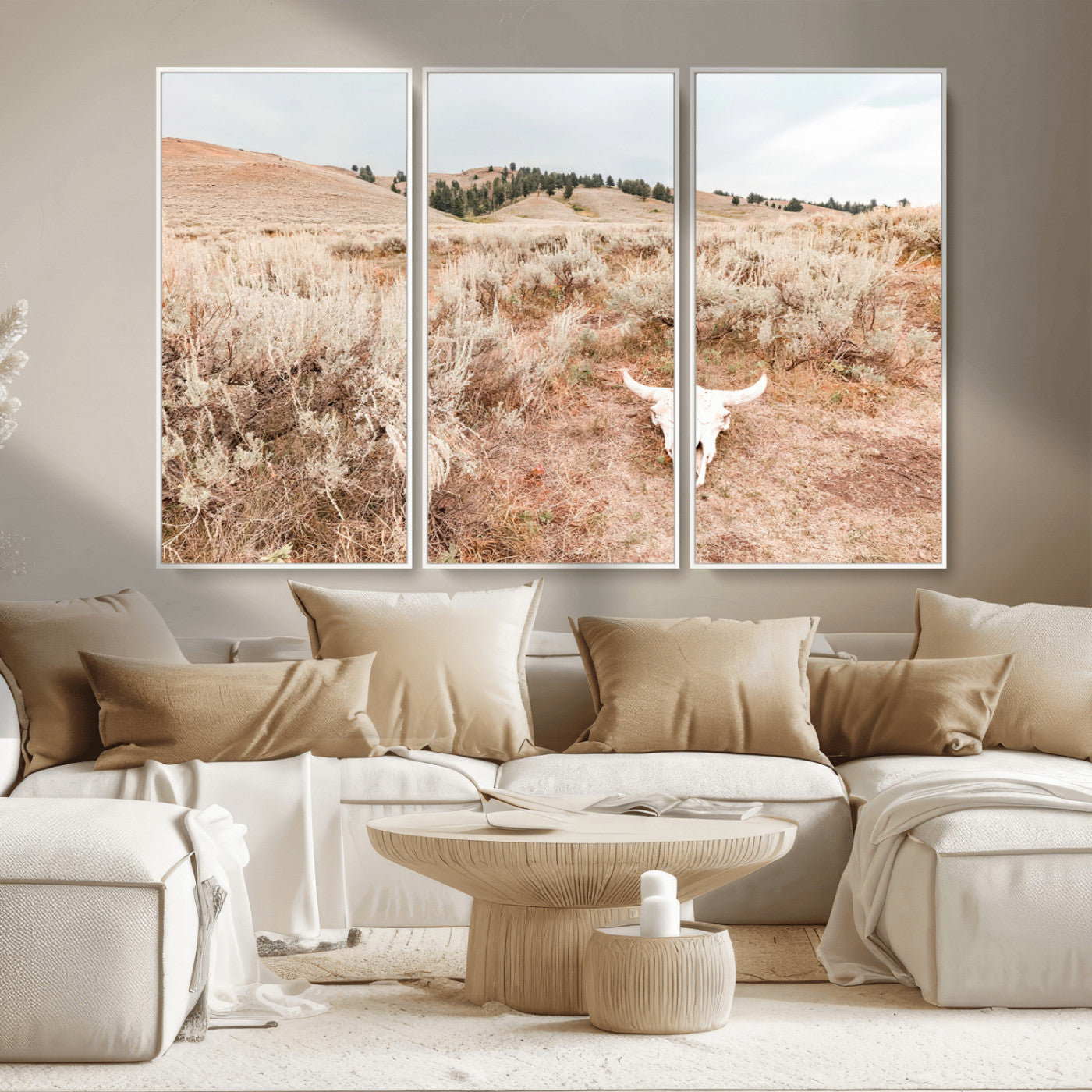 97234735-MGV-CV-36X24 - Desert Skull Wall Art – Arid Landscape & Sagebrush Canvas Print, Rustic Nature and Earth Tones for Living Room or Minimalist Decor
