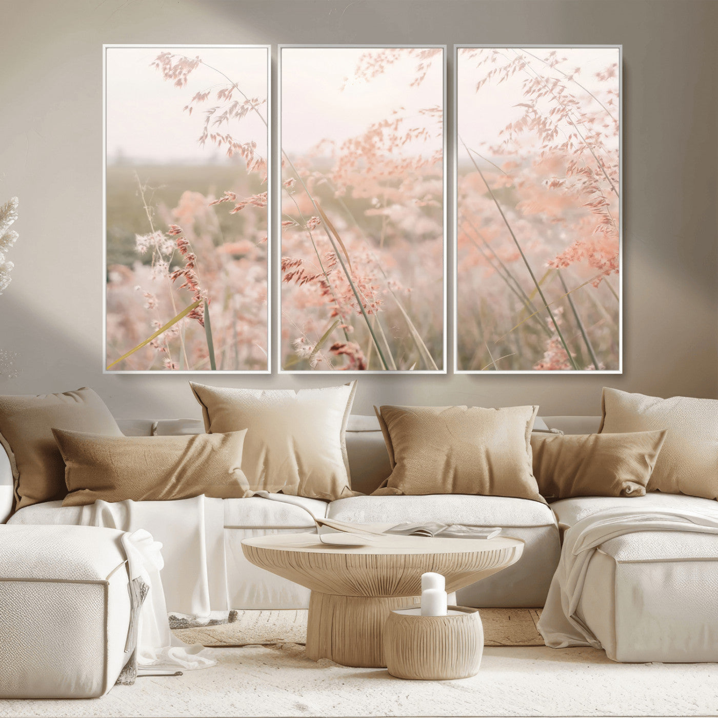 MGV-FC-48X32-3P - Pastel Grasses Wall Art Canvas Print, Framed Soft Meadow Art Picture Print, Field in Breeze Perfect Soft Pastel Minimal Decor Artwork