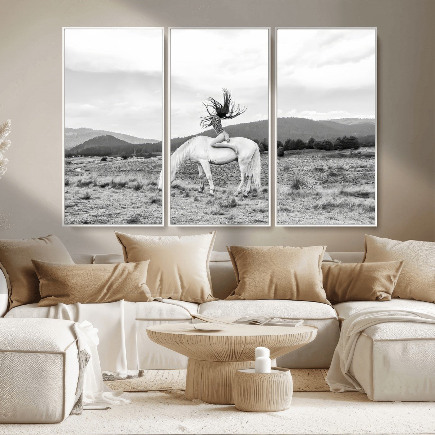 MGV-FC-48X32-3P - White Horse Wall Art Canvas Print, Framed Woman Rider Art Picture Print, Equestrian Pose Perfect Western Boho Decor Artwork
