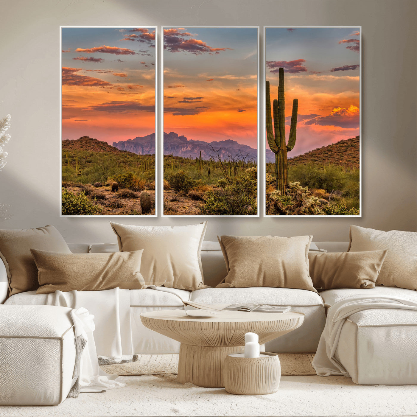 MGV-FC-48X32-3P - Saguaro Cactus Wall Art Canvas Print, Framed Arizona Sunset Art Picture Print, Sonoran Desert Perfect Southwestern Boho Decor Artwork