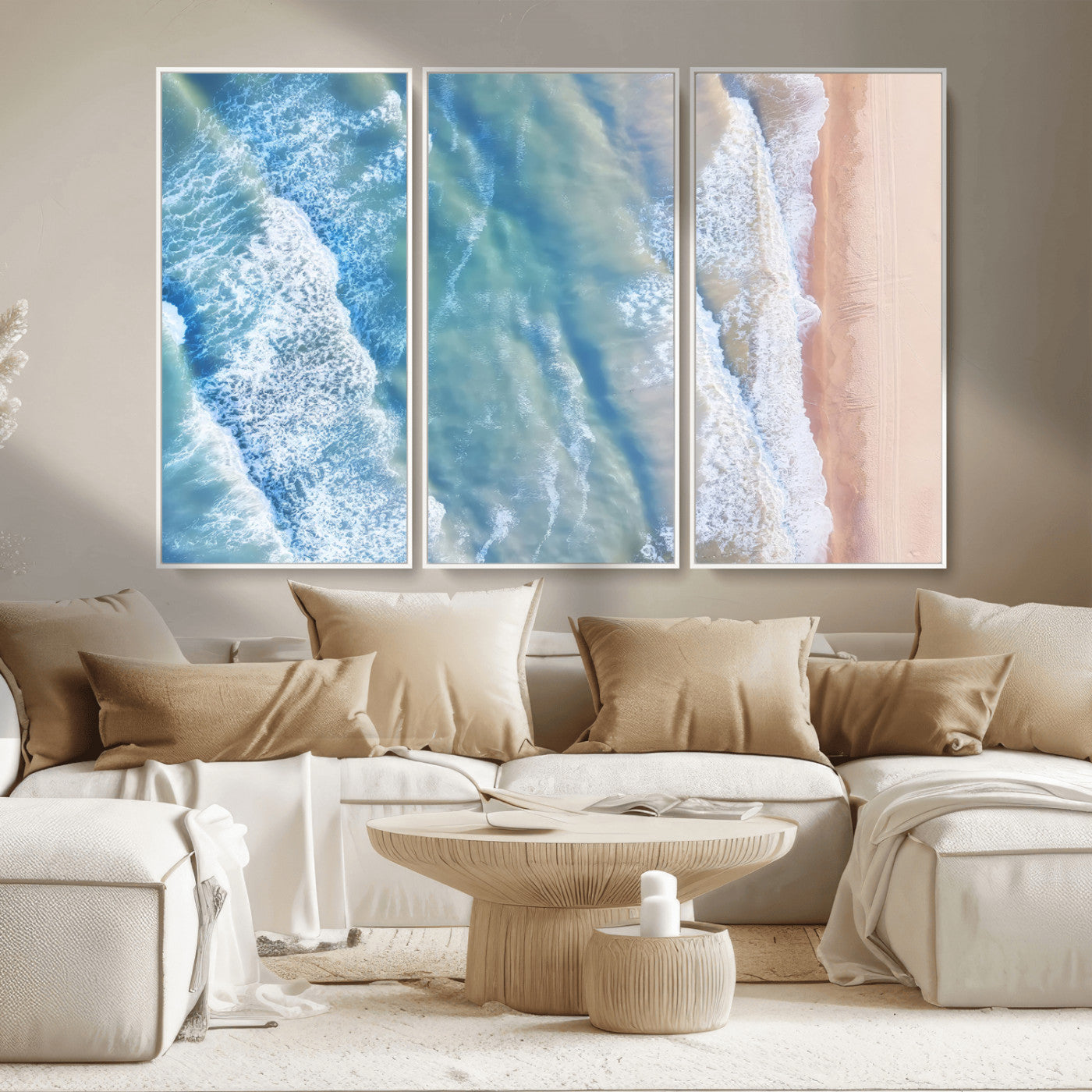 MGV-FC-48X32-3P - Aerial Ocean View Wall Art Canvas Print, Framed Soft Blue Waves Art Picture Print, Sandy Shoreline Perfect Modern Coastal Decor Artwork