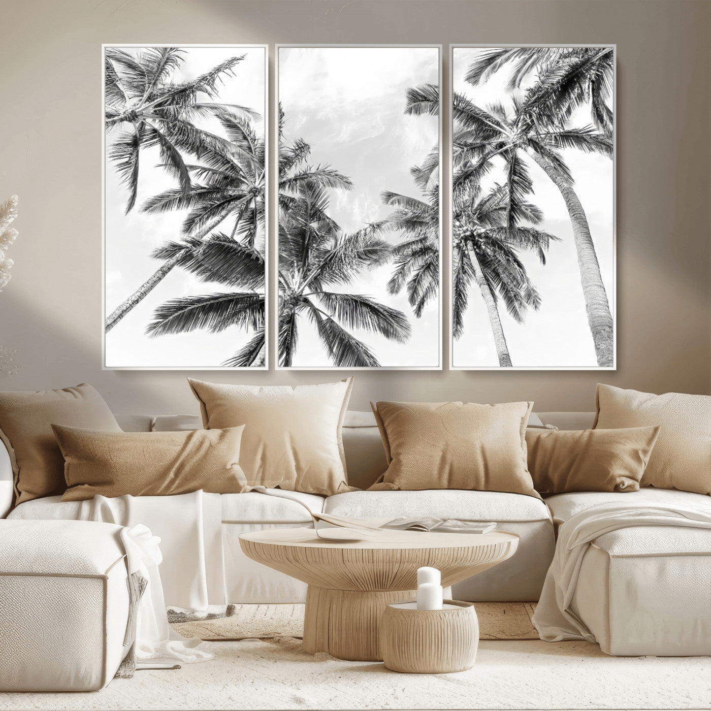 MGV-FC-48X32-3P - Black White Palm Wall Art Canvas Print, Framed Monochrome Tropics Art Picture Print, Minimalist Beach Perfect Coastal Minimalist Decor Artwork