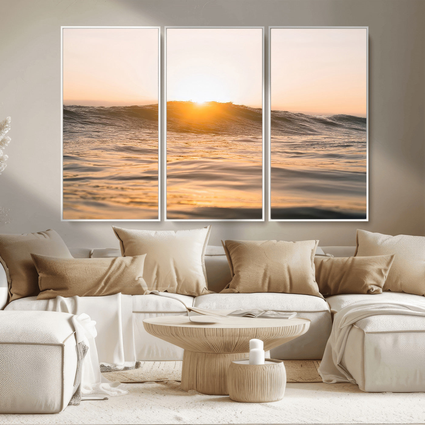 16973771-MGV-FC-48X32-3P_White-Calm Water Wall Art – Framed Sunset Waves Canvas Artwork, Coastal Warm Design, Minimal Ocean Decor for Home, Office