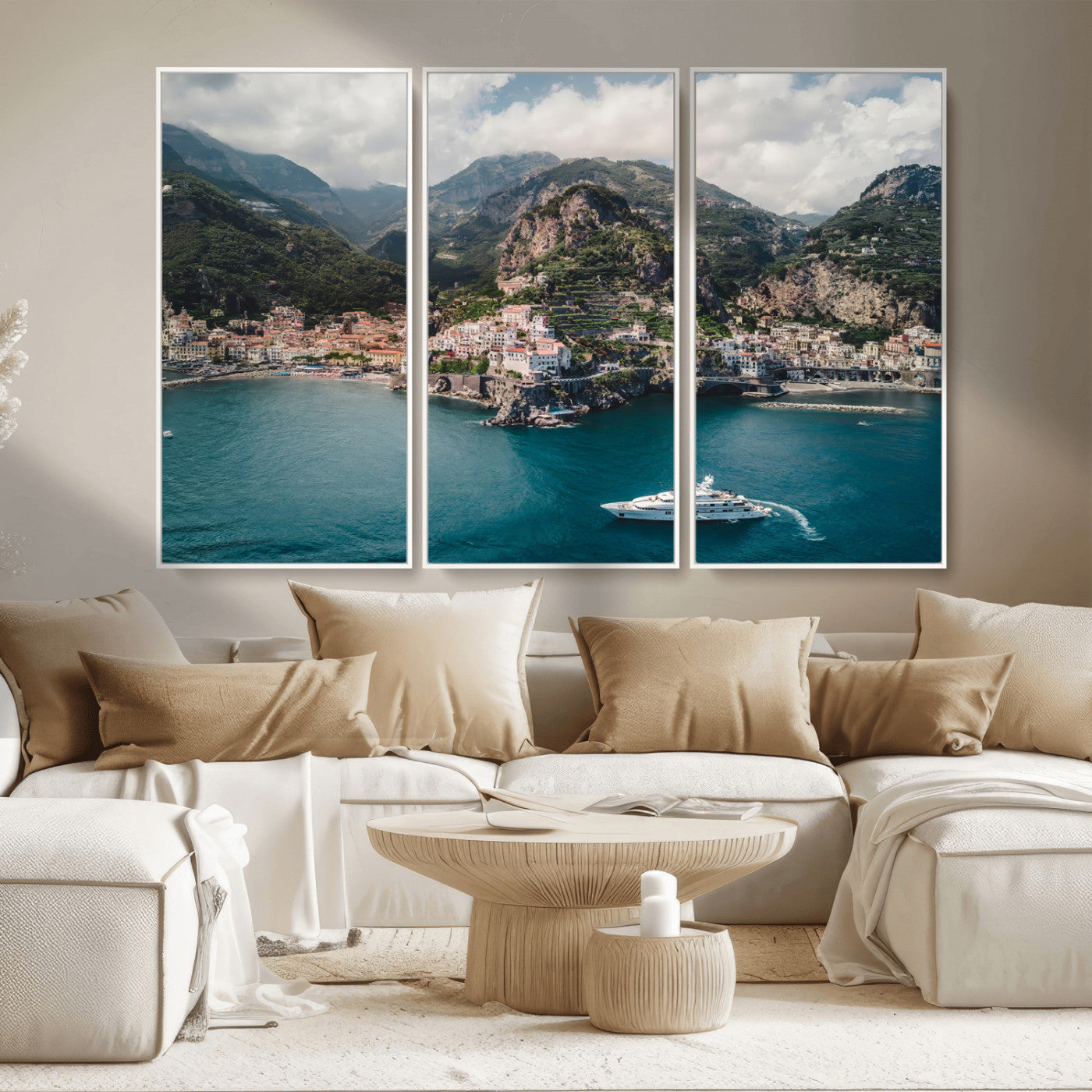 20321590-MGV-CV-36X24-Amalfi Coast Wall Art – Framed Italian Seaside Canvas Artwork, Mediterranean Landscape Design, Coastal Decor for Home, Office