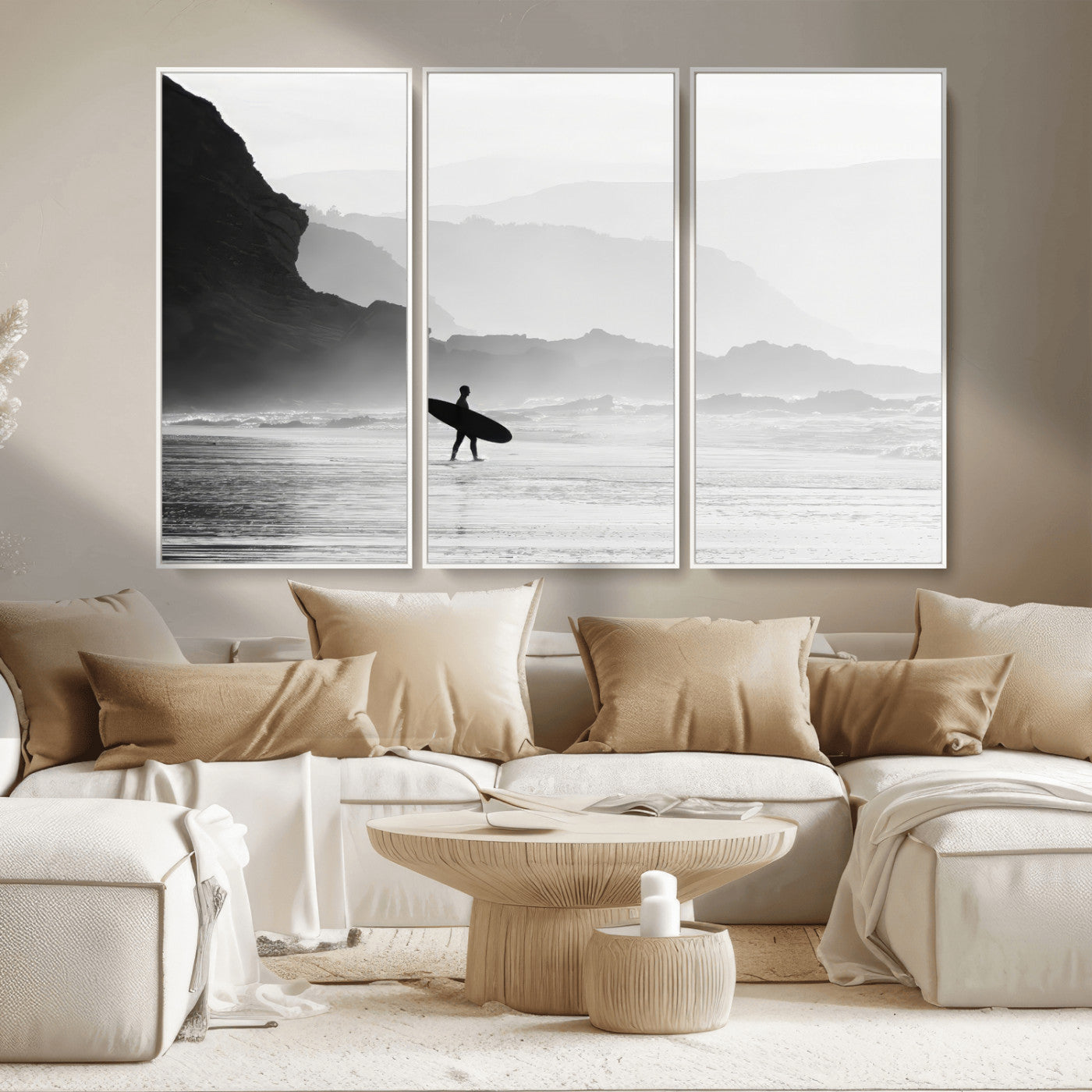 MGV-FC-48X32-3P - Surfer In Fog Wall Art Canvas Print, Framed Moody Shoreline Art Picture Print, Cliffside Waves Perfect Minimalist Coastal Decor Artwork