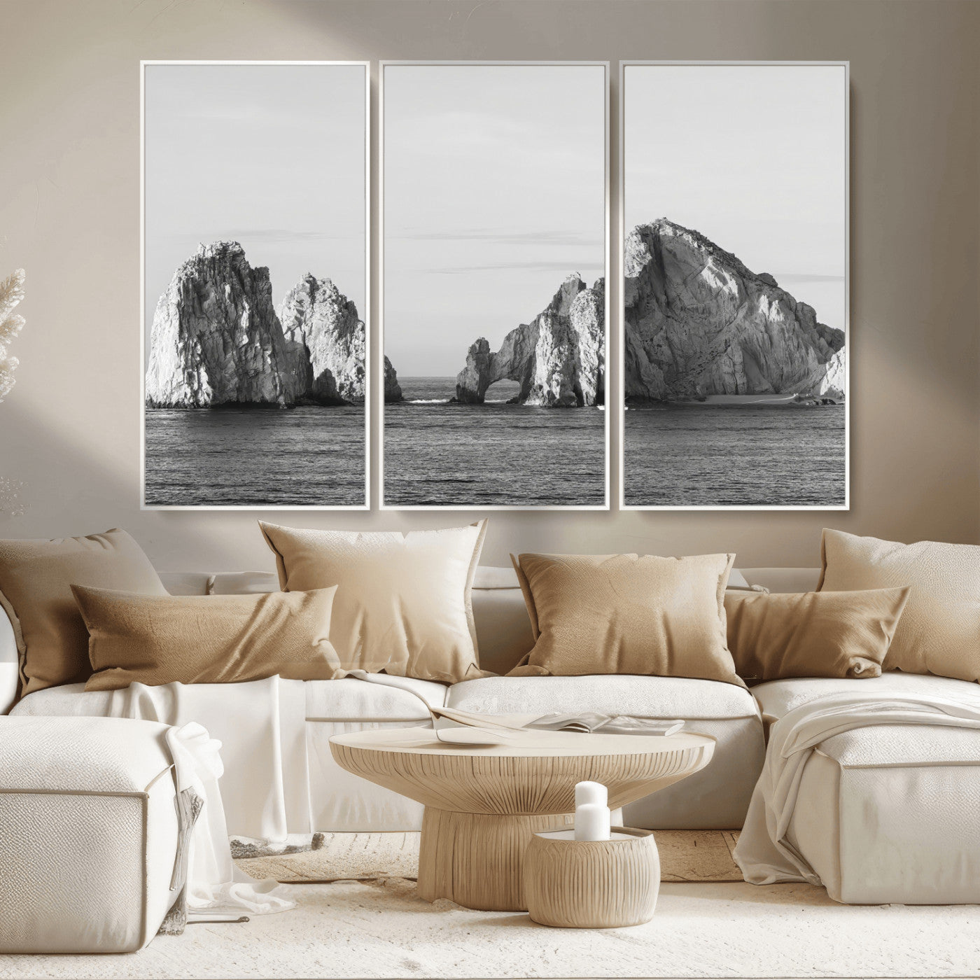 MGV-FC-48X32-3P - Rugged Coastline Wall Art Canvas Print, Framed Ocean Cliffs Art Picture Print, Monochrome Seascape Perfect Coastal Minimalist Decor Artwork