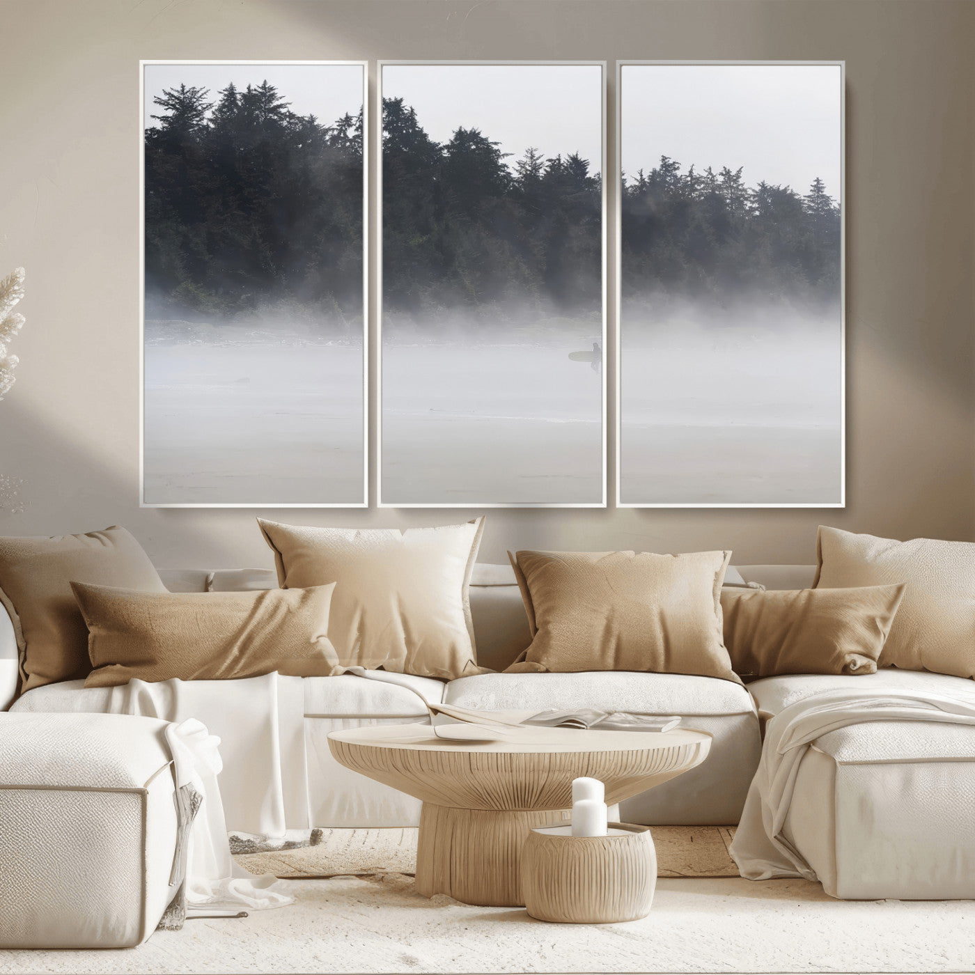 59703275-MGV-CV-36X24-Surfer Fog Wall Art Canvas Print – Framed Foggy Beach Scene with Coastal Surf Artwork for Home, Office, Living Room