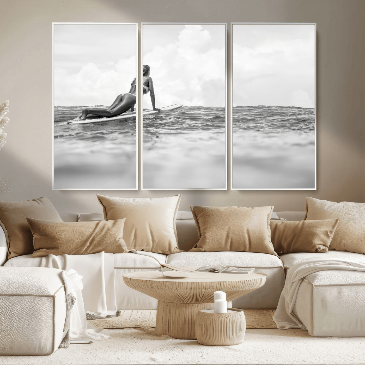69798068-MGV-CV-36X24-Black and White Surfing Wall Art Canvas Print – Framed Ocean Horizon with Surfer Girl Coastal Adventure Artwork for Home, Office