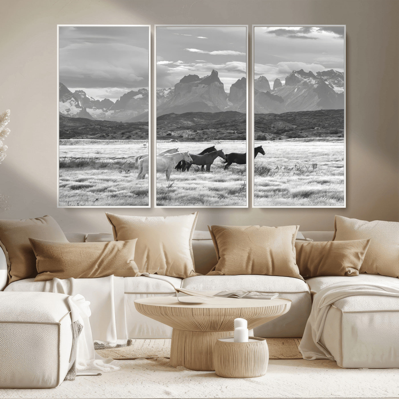 MGV-FC-48X32-3P - Wild Horses Wall Art Canvas Print, Framed Black White Mountains Art Picture Print, Rustic Countryside Perfect Rustic Western Decor Artwork