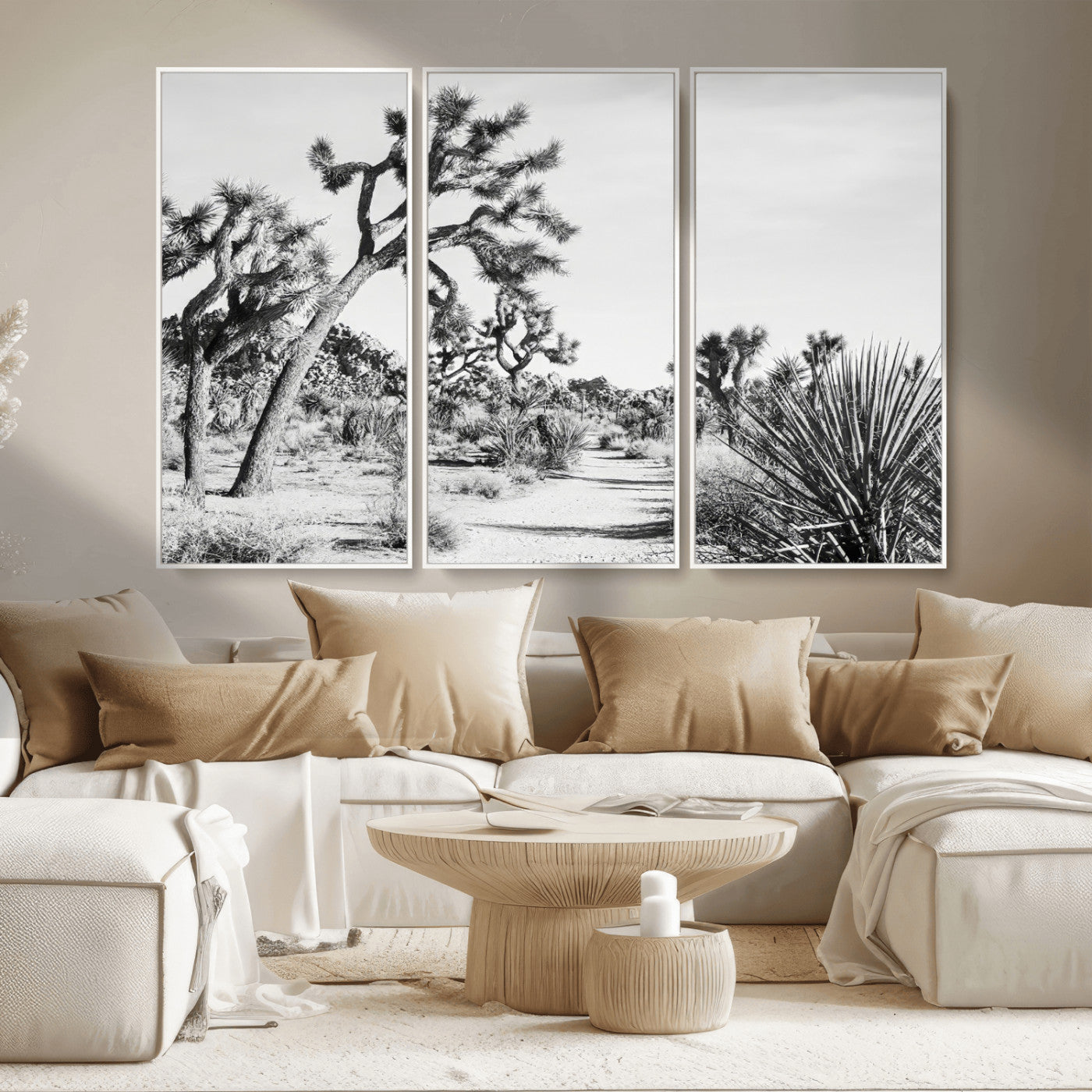 MGV-FC-48X32-3P - Joshua Tree Wall Art Canvas Print, Framed Desert Path Art Picture Print, Monochrome Desert Perfect Minimalist Desert Decor Artwork