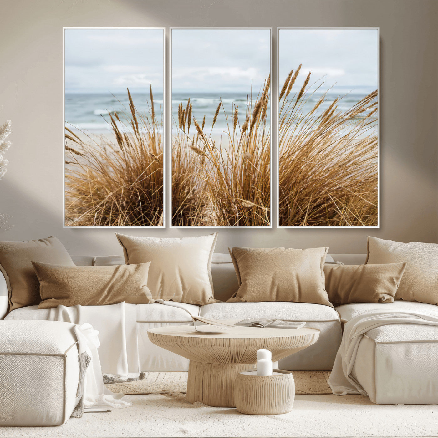 MGV-FC-48X32-3P - Beach Grass Wall Art Canvas Print, Framed Coastal Dunes Art Picture Print, Dune Grass Perfect Coastal Minimalist Decor Artwork