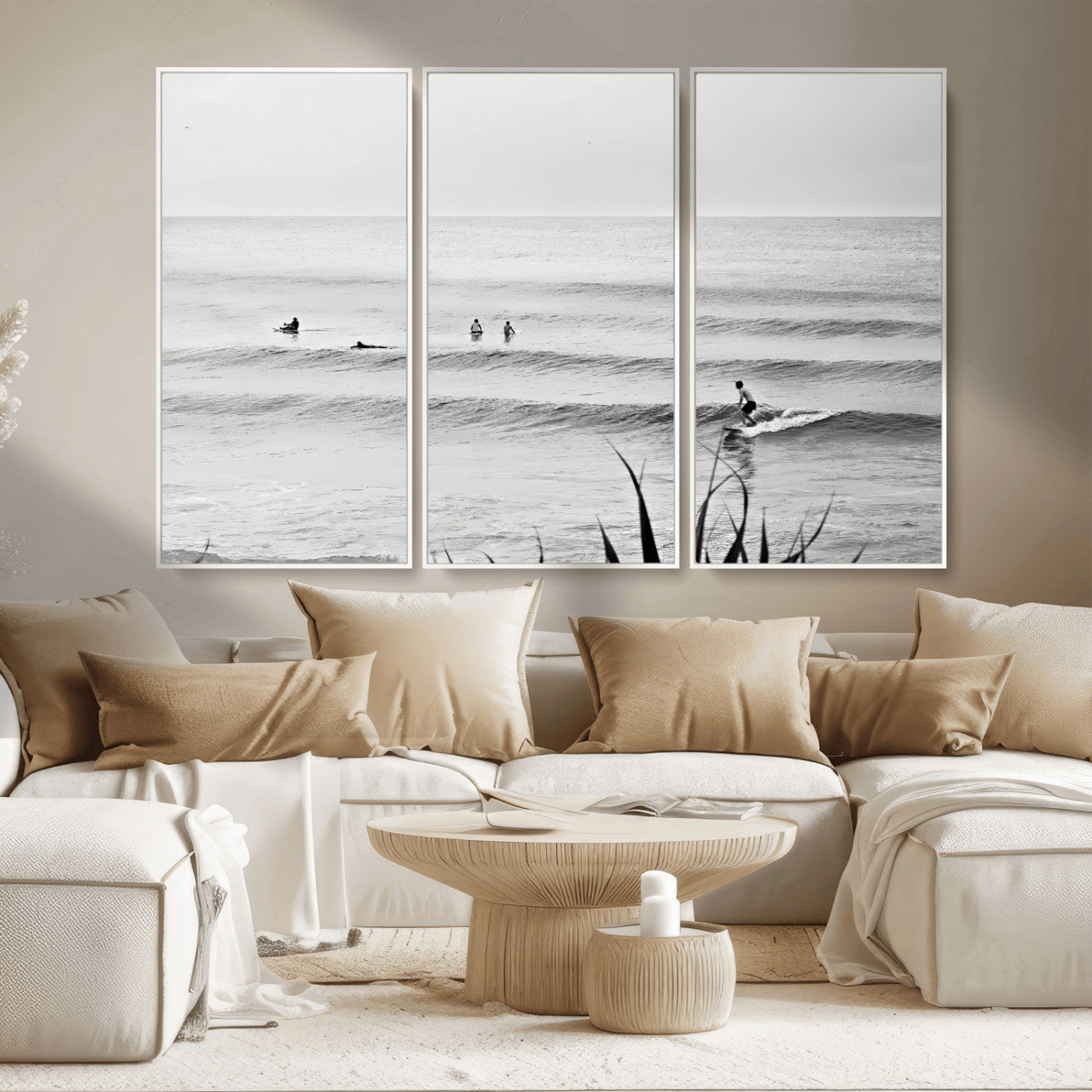 MGV-FC-48X32-3P - Surfer Silhouette Wall Art Canvas Print, Framed Calm Ocean Art Picture Print, Monochrome Surf Perfect Minimalist Coastal Decor Artwork