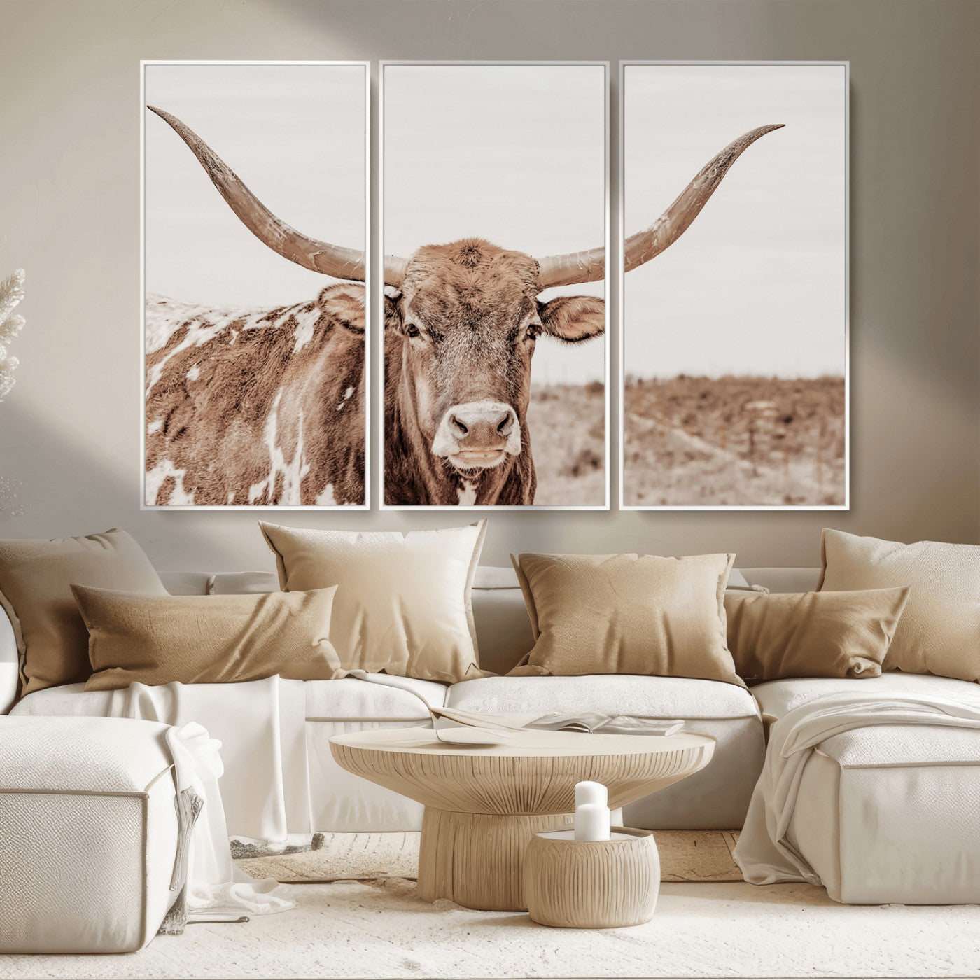 MGV-FC-48X32-3P - Longhorn Cow Wall Art Canvas Print, Framed Texas Ranch Art Picture Print, Western Bull Perfect County Decor Artwork
