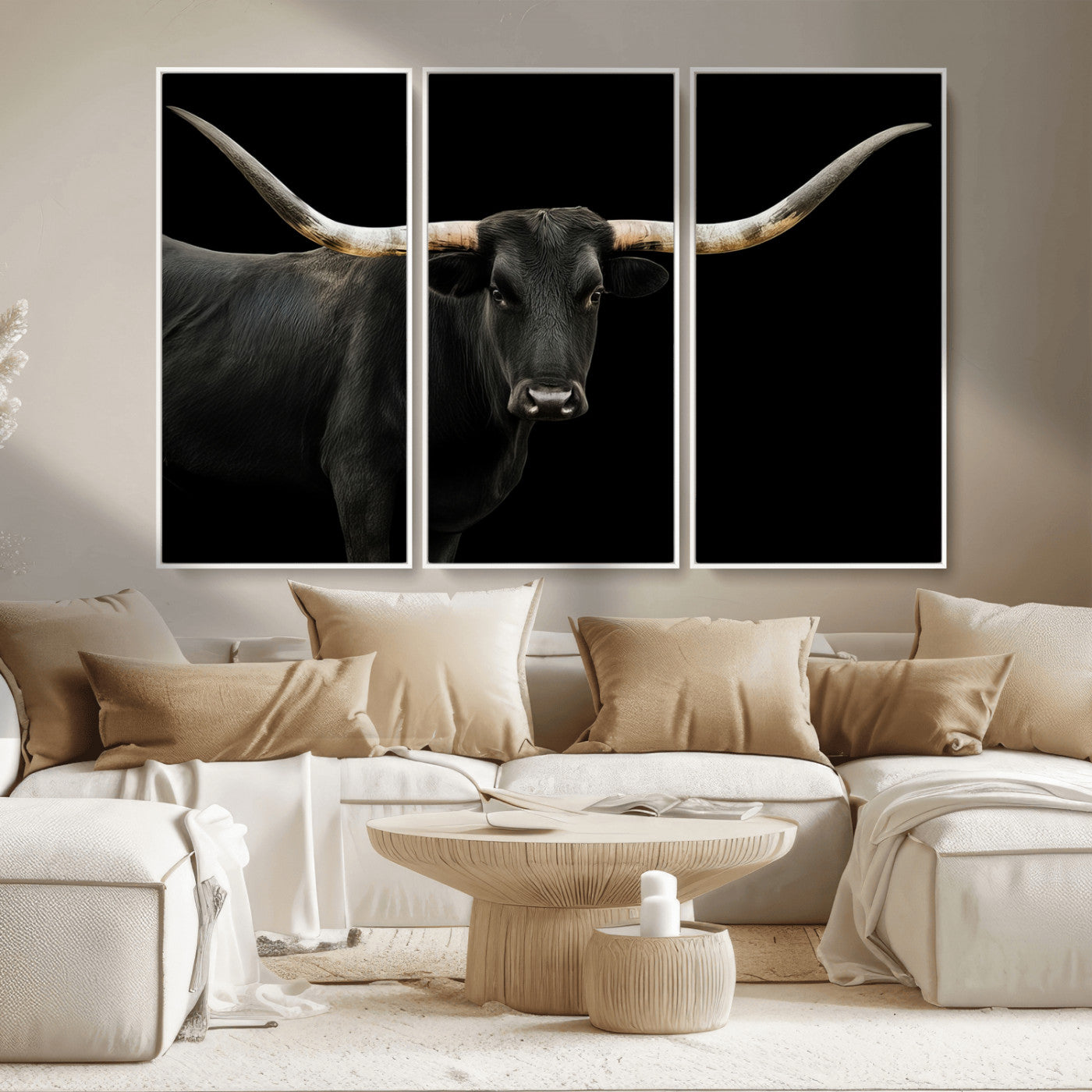 MGV-FC-48X32-3P - Longhorn Cattle Wall Art Canvas Print, Framed Texas Ranch Art Picture Print, Western Cow Perfect Farmhouse Decor Artwork
