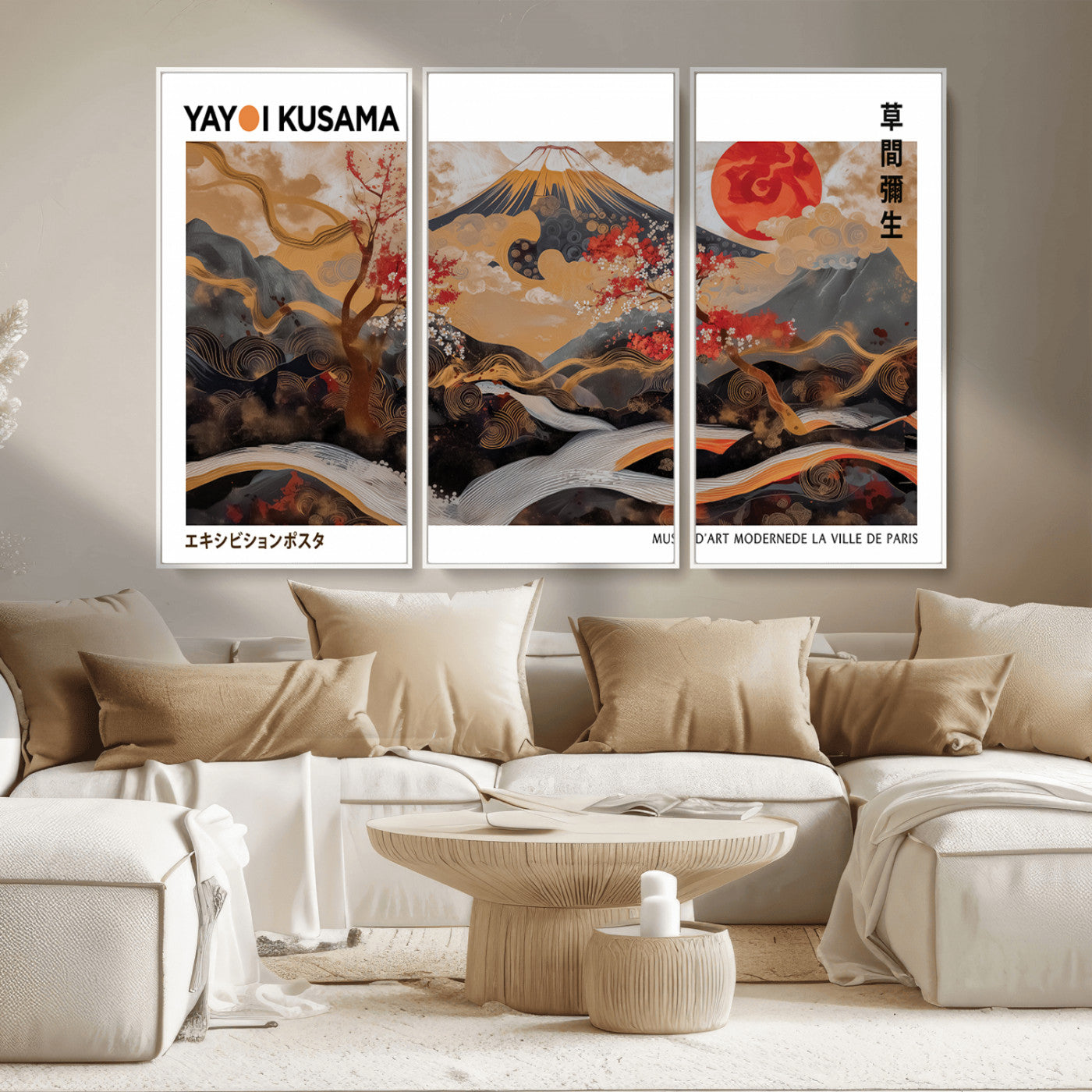 MGV-FC-48X32-3P - Modern Japanese Wall Art Print Yayoi Kusama Canvas Wall Art Abstract Mount Fuji Canvas Print