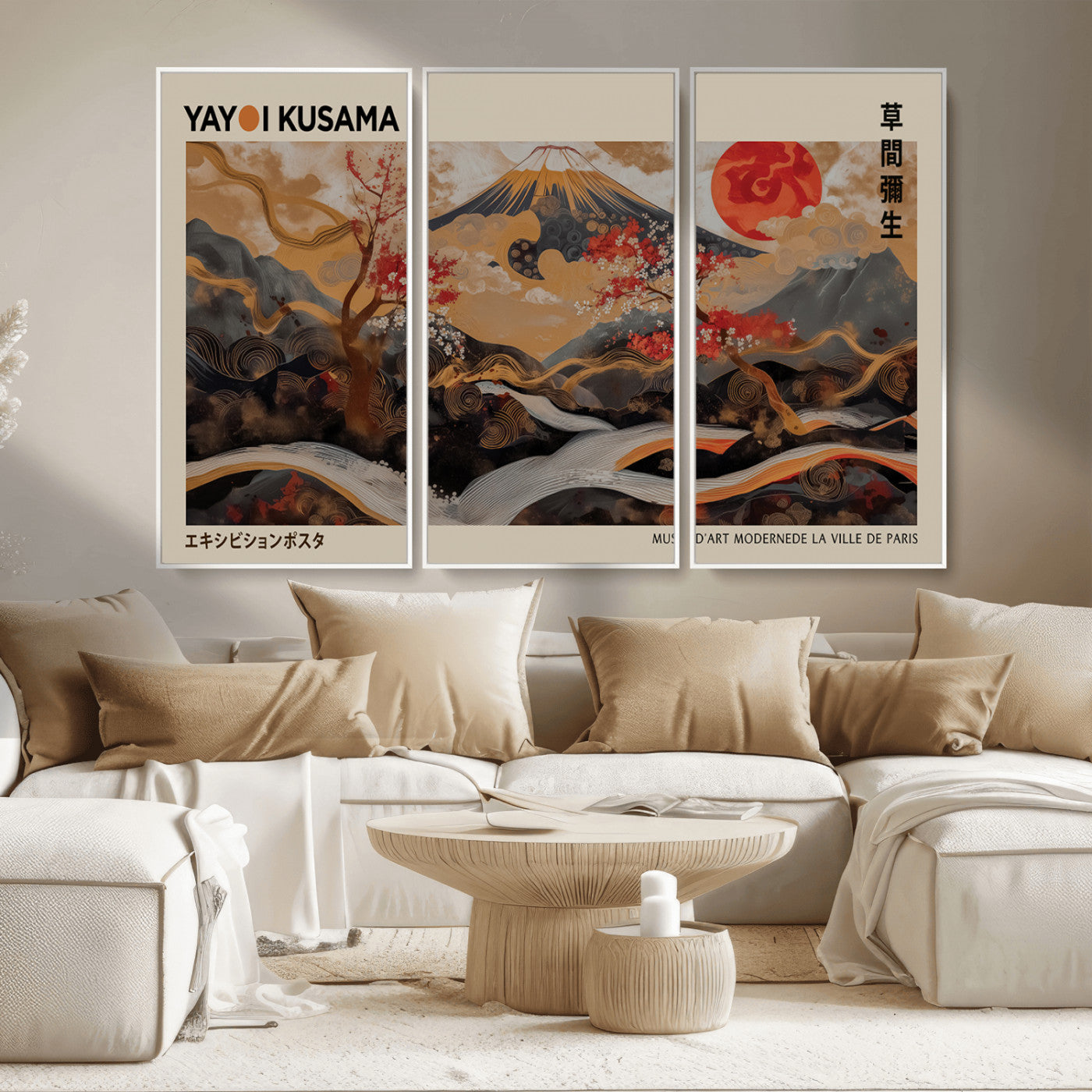 MGV-FC-48X32-3P - Modern Japanese Wall Art Print Yayoi Kusama Canvas Wall Art Abstract Mount Fuji Canvas Print