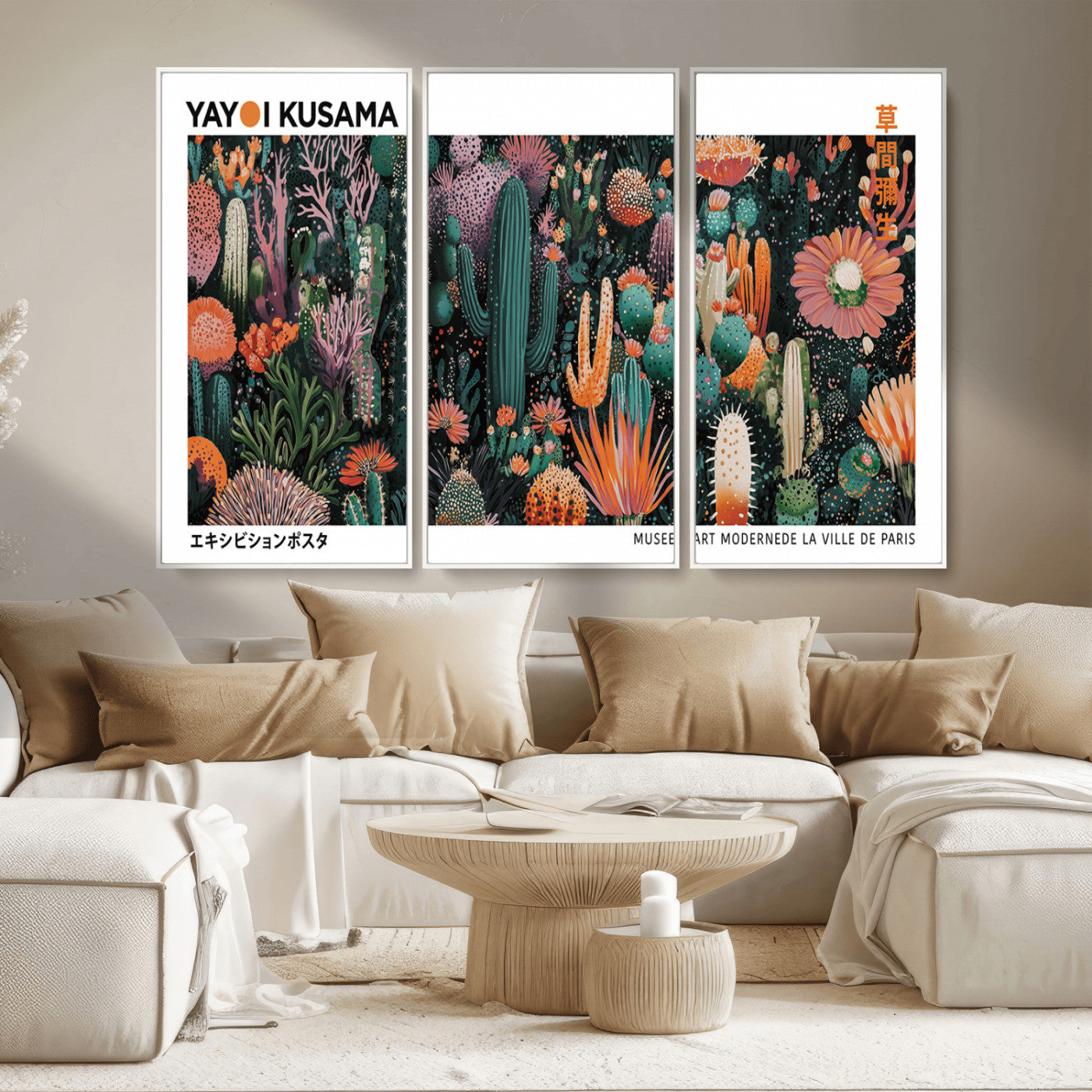 MGV-FC-48X32-3P - Modern Japanese Wall Art Print, Yayoi Kusama Print Wall Decor, Abstract Mount Fuji Canvas Print,