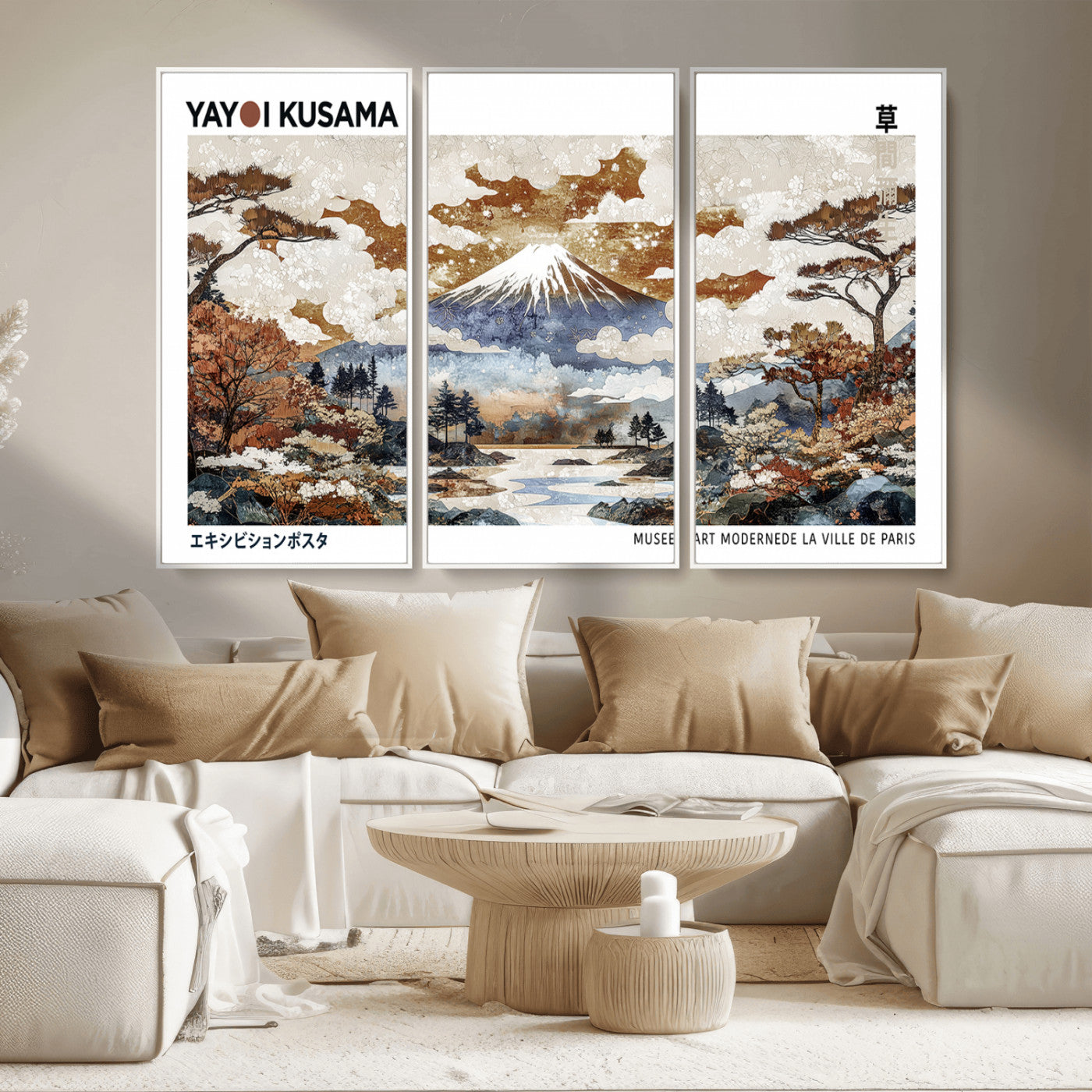 MGV-FC-48X32-3P - Modern Japanese Wall Art Print Yayoi Kusama Canvas Wall Art Abstract Mount Fuji Canvas Print