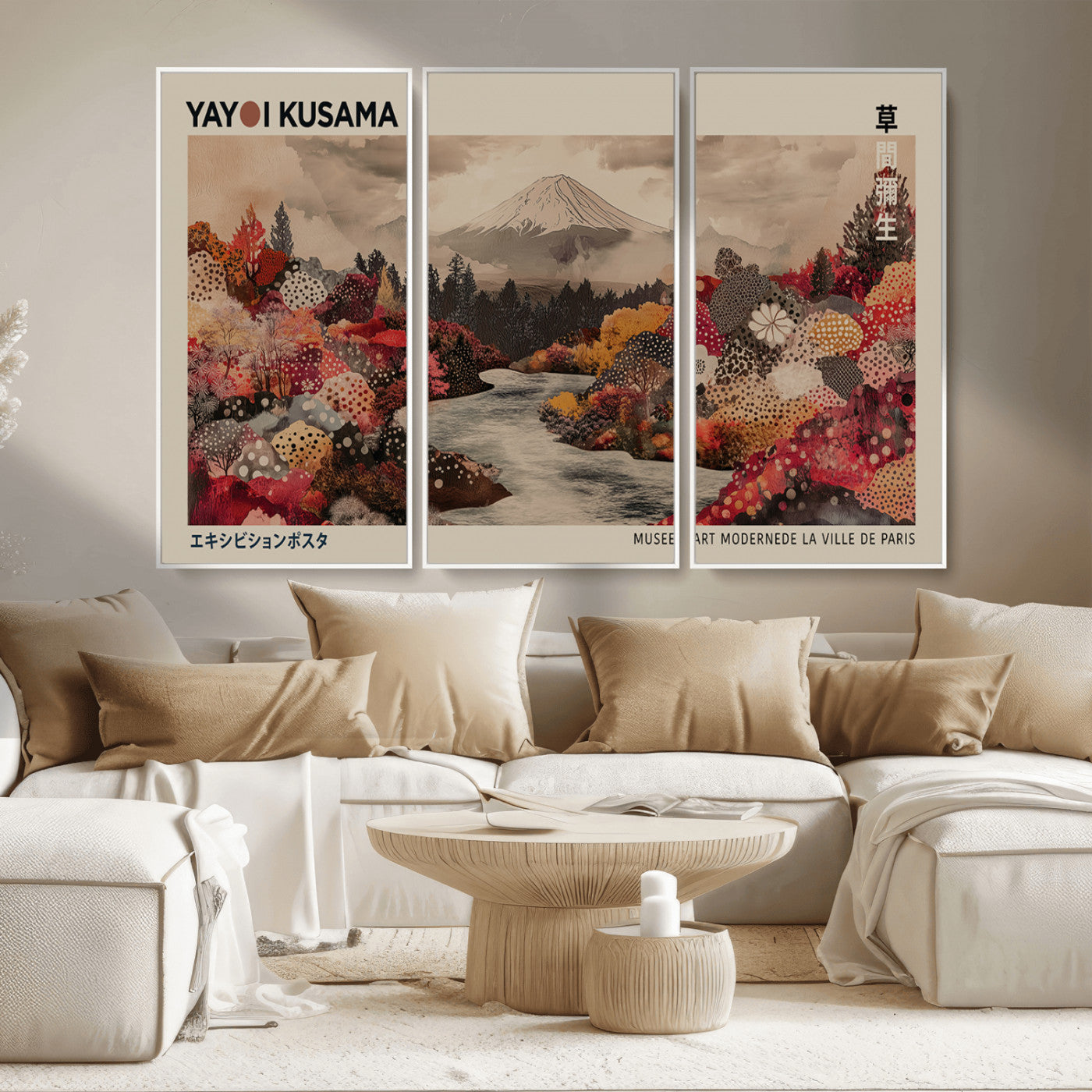 MGV-FC-48X32-3P - Modern Japanese Wall Art Print Yayoi Kusama Canvas Wall Art Abstract Mount Fuji Canvas Print