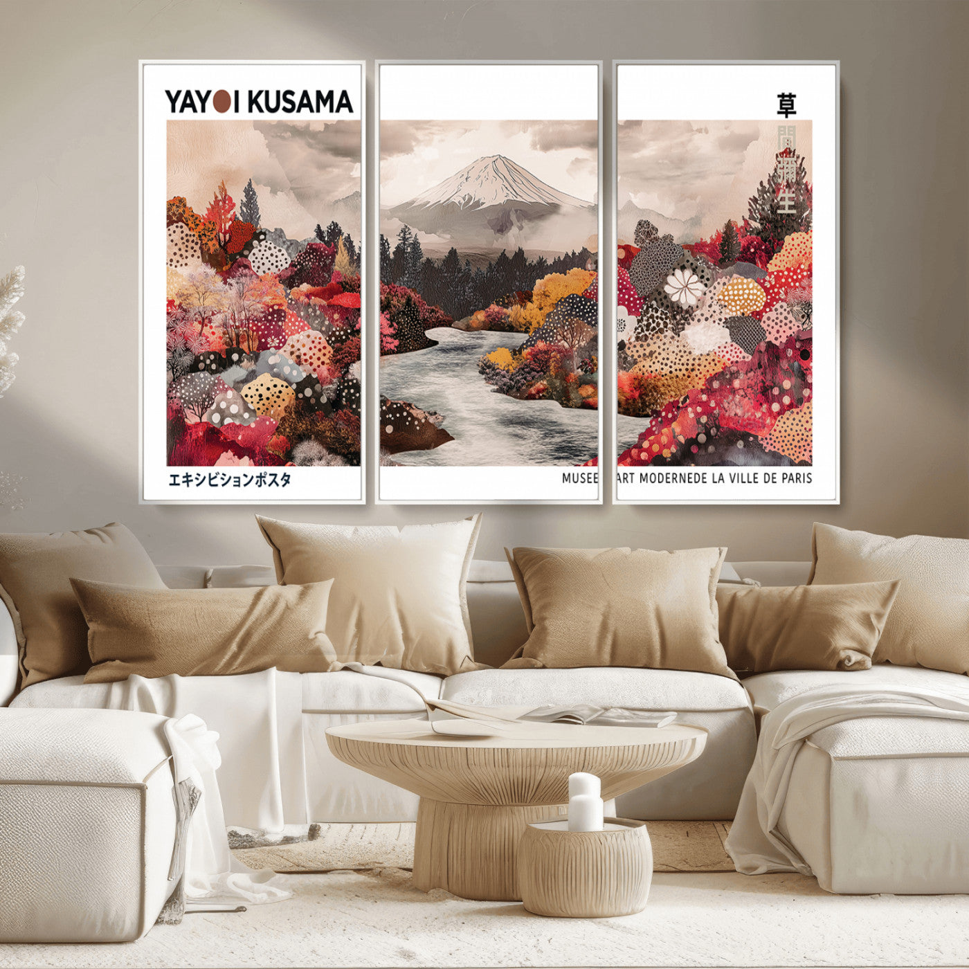 MGV-FC-48X32-3P - Modern Japanese Wall Art Print, Yayoi Kusama Canvas Wall Art, Abstract Mount Fuji Art Canvas Print,