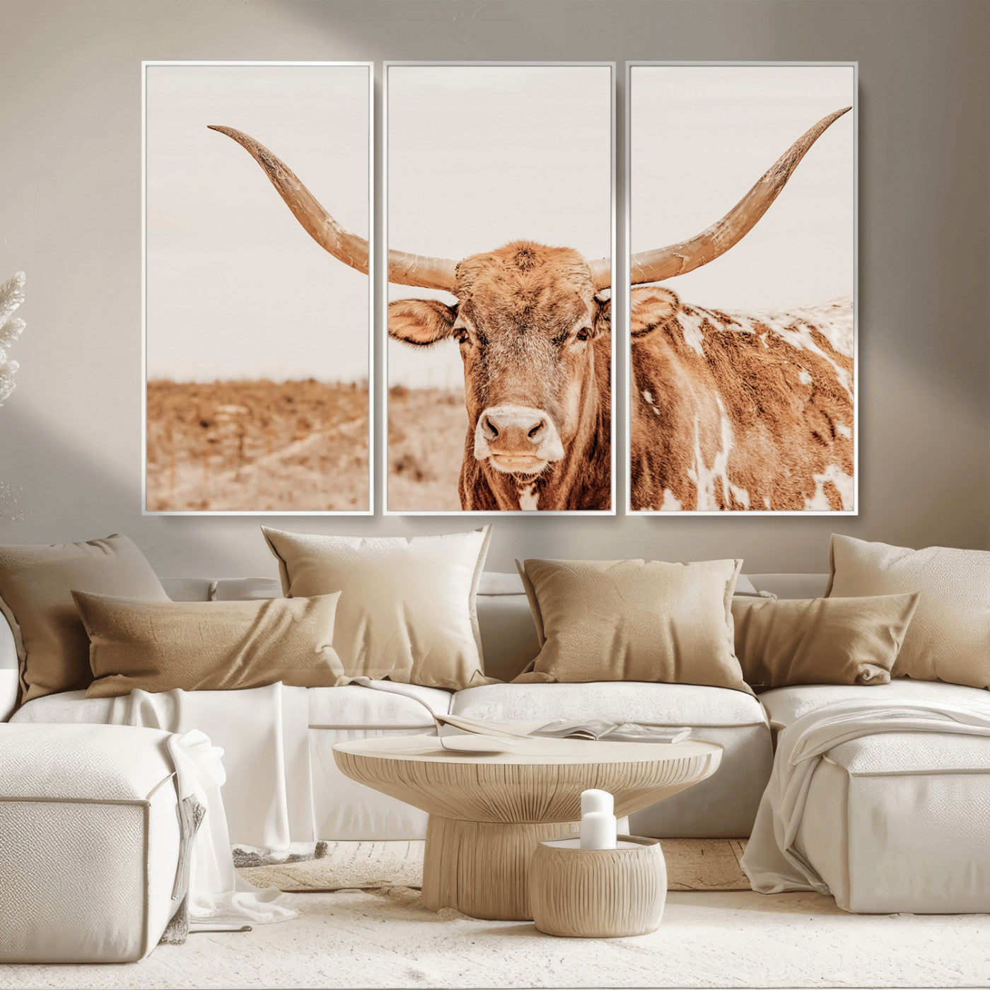 MGV-FC-48X32-3P - Longhorn Bull Wall Art Canvas Print, Framed Western Cow Art Picture Print, Rustic Farmhouse Perfect Neutral Farmhouse Decor Artwork