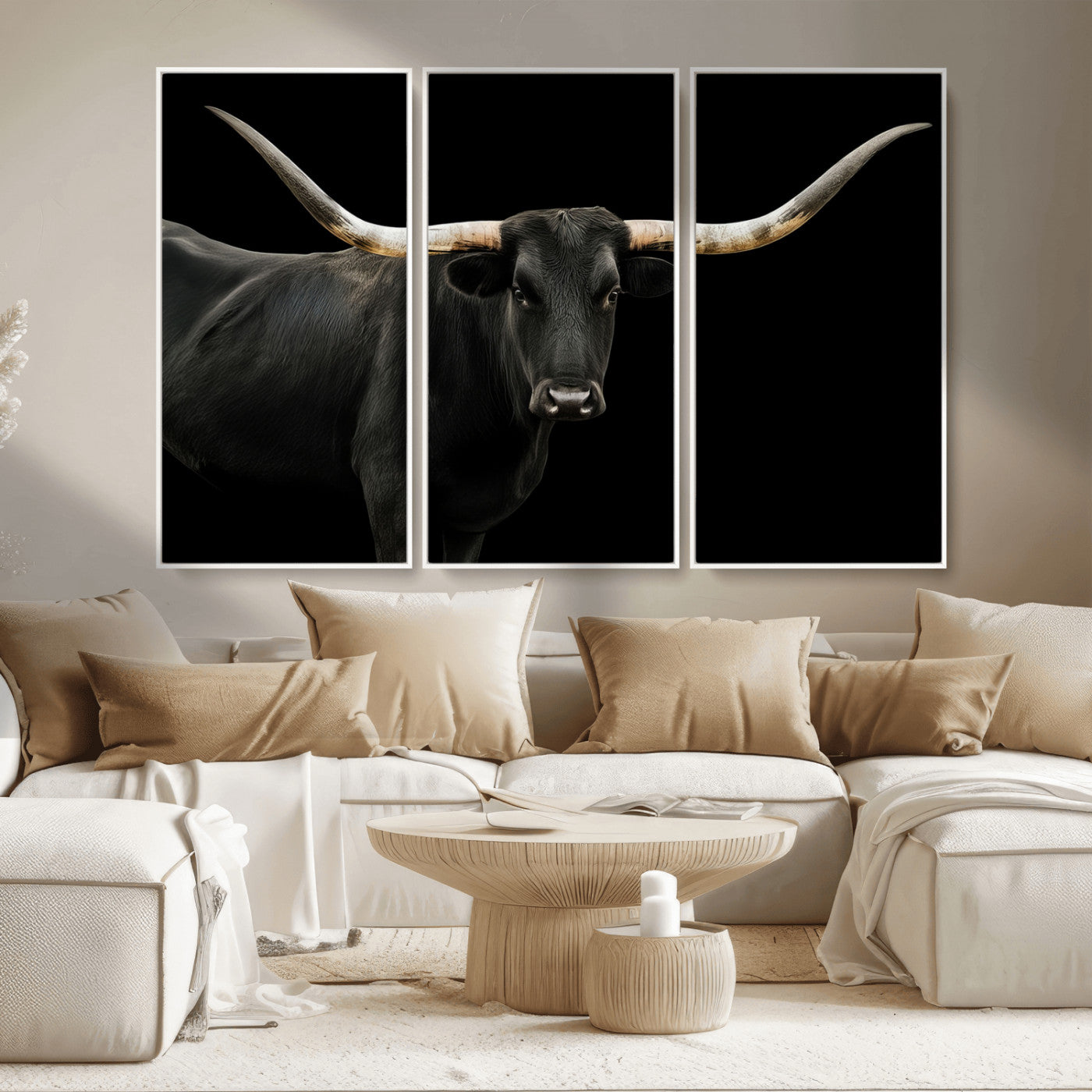 MGV-FC-48X32-3P - Texas Longhorn Wall Art Canvas Print, Framed Rustic Western Art Picture Print, Farmhouse Animal Perfect Modern Western Minimalist Decor Artwork