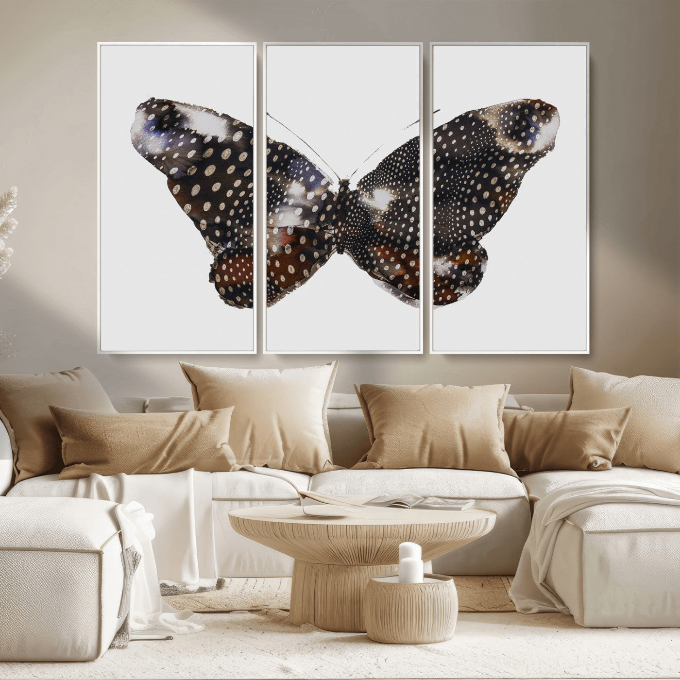 MGV-FC-48X32-3P - Spotted Butterfly Wall Art Canvas Print, Framed Neutral Insect Theme Art Picture Print, Earthy Wing Pattern Perfect Modern Rustic Decor Artwork