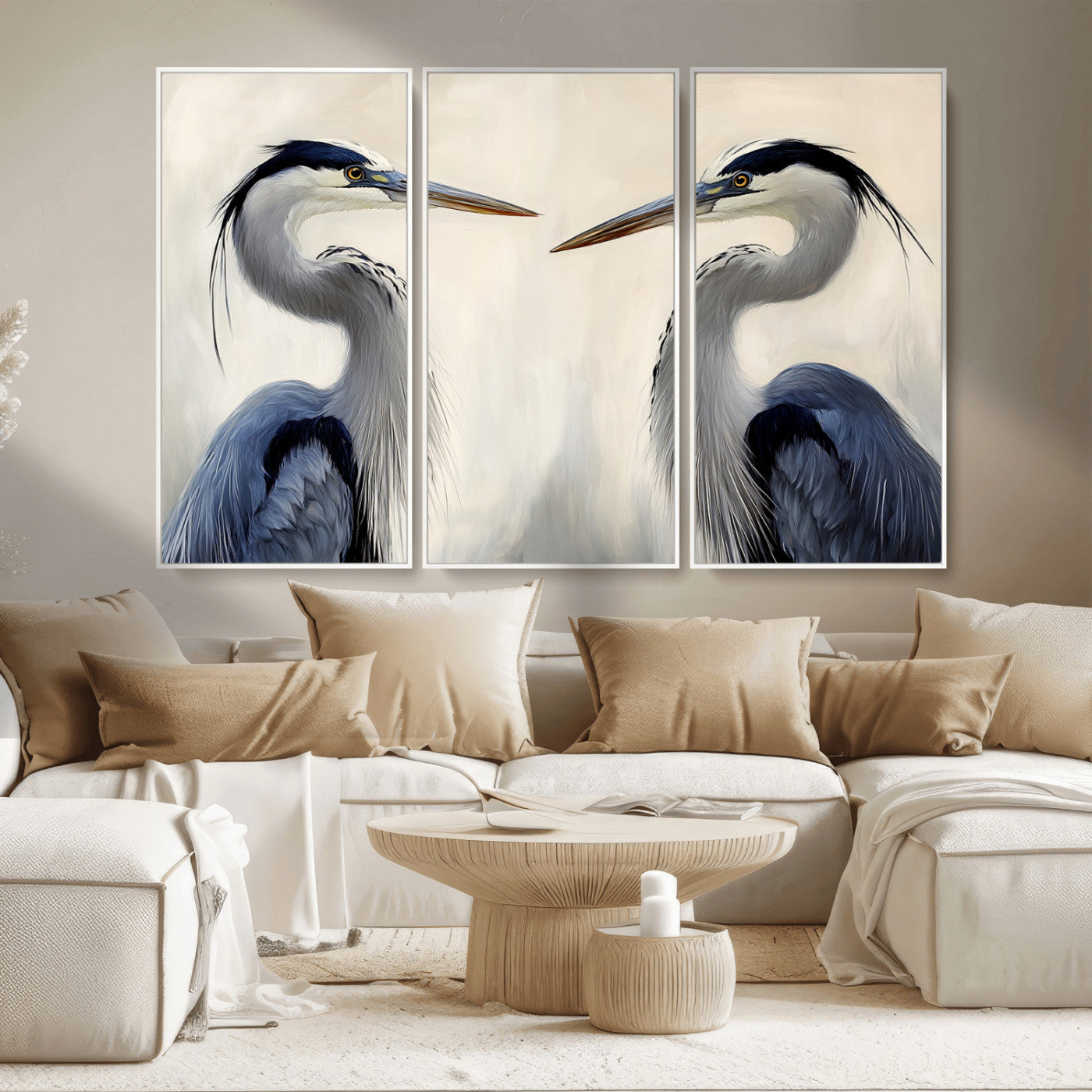 MGV-FC-48X32-3P - Blue Heron Pair Wall Art Canvas Print, Framed Coastal Bird Theme Art Picture Print, Tranquil Wildlife Scene Perfect Coastal Minimalist Decor Artwork